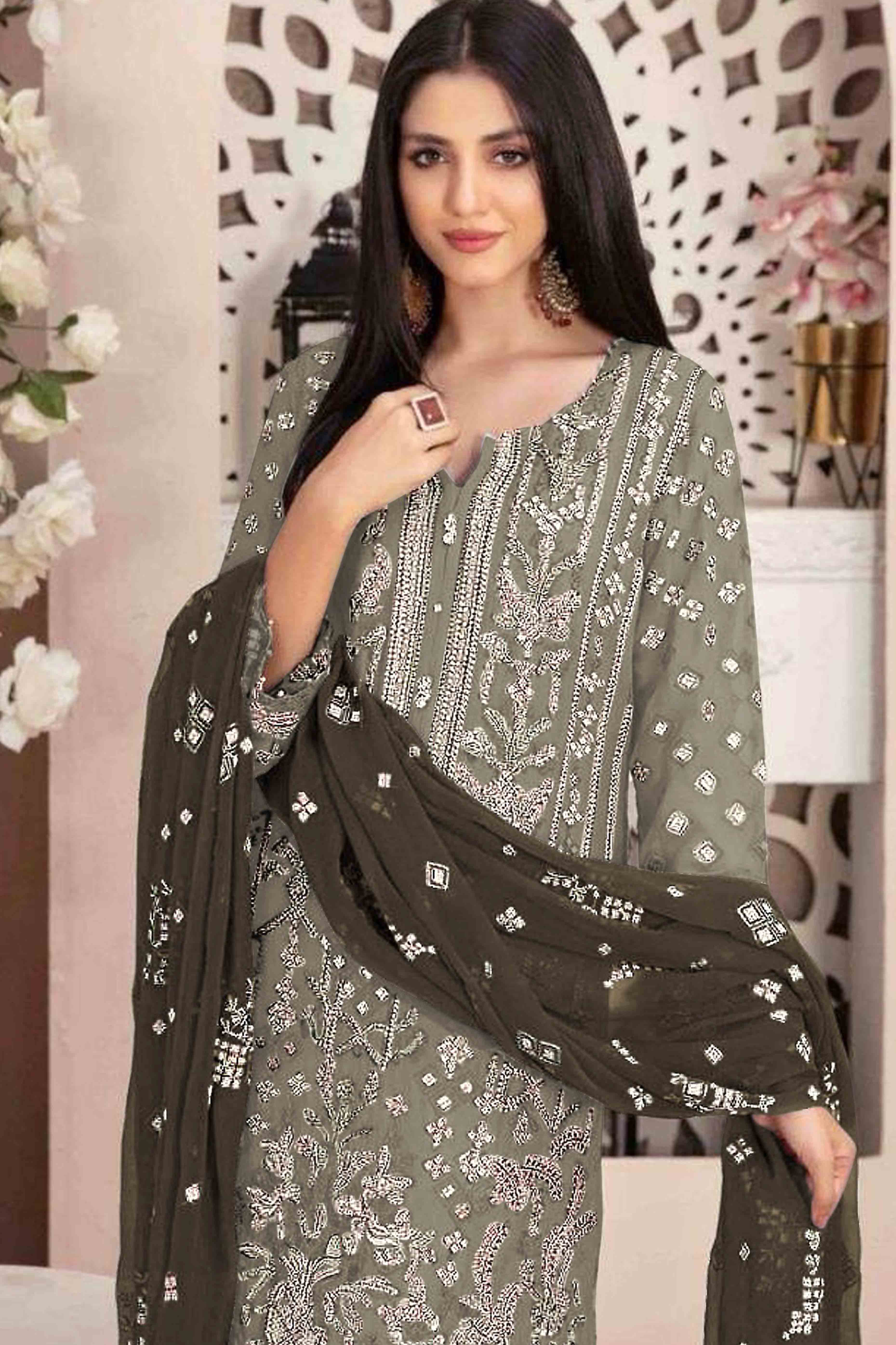 Green Floral Embroidered With Handwork Georgette Semi Stitched Pakistani Suit