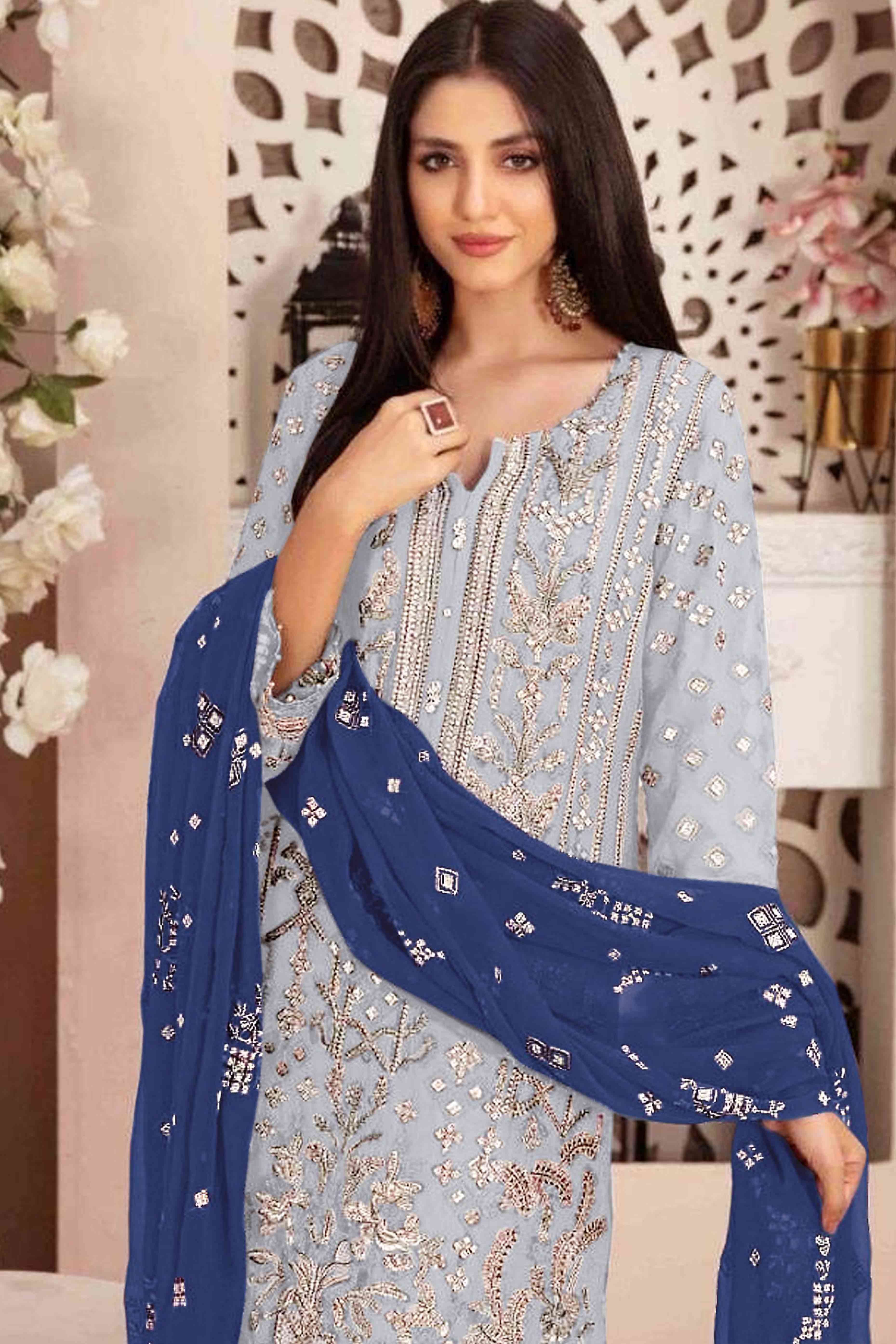 Greyish Blue Floral Embroidered With Handwork Georgette Semi Stitched Pakistani Suit