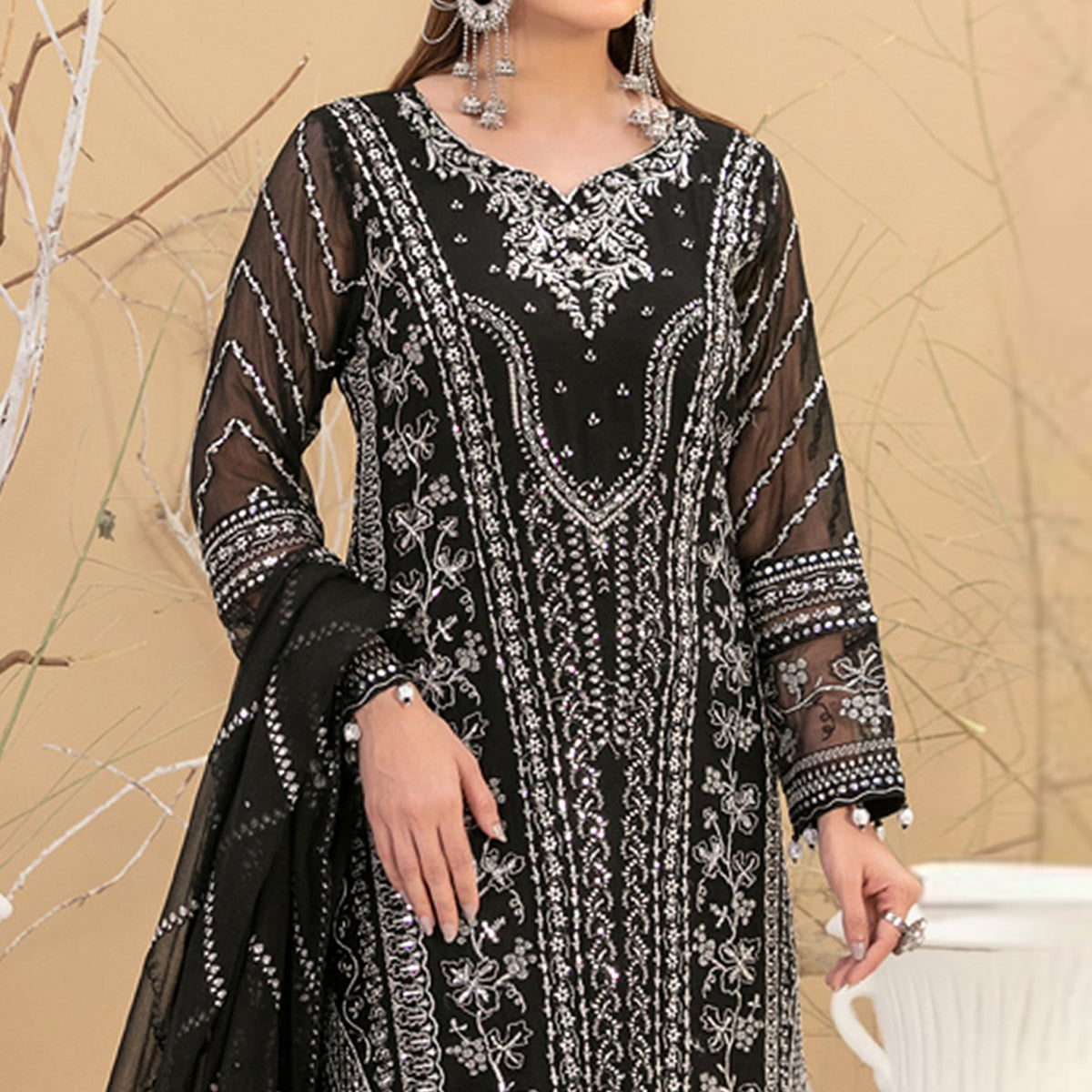 Black Floral Embroidered Georgette Semi Stitched Pakistani Suit