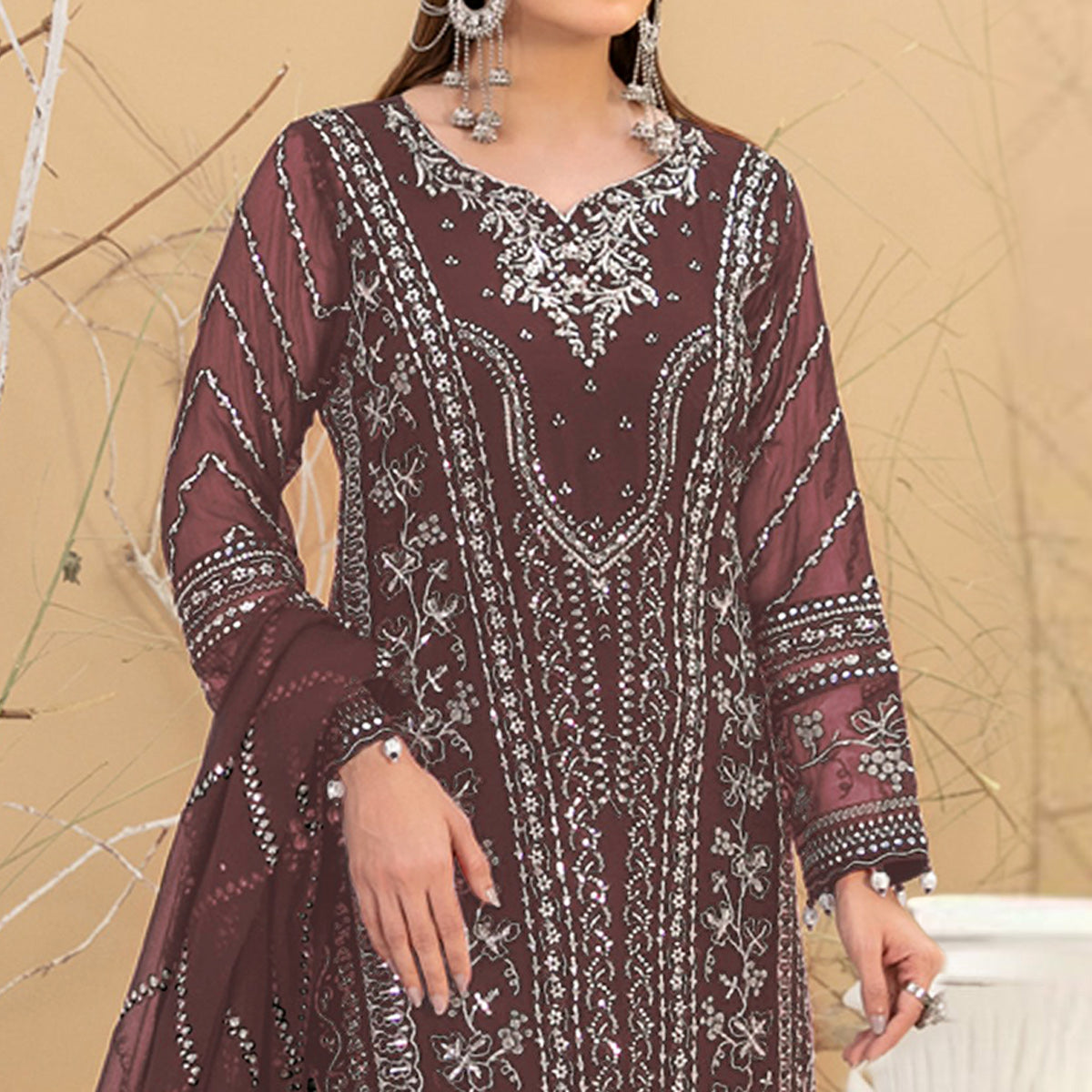 Brown Floral Embroidered Georgette Semi Stitched Pakistani Suit