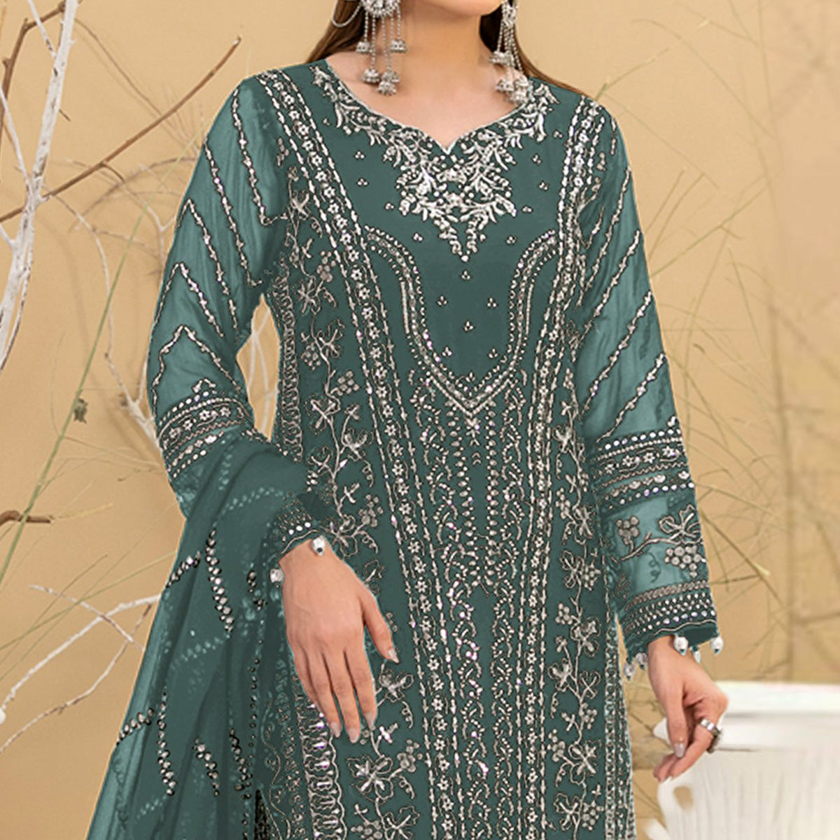 Green Floral Embroidered Georgette Semi Stitched Pakistani Suit