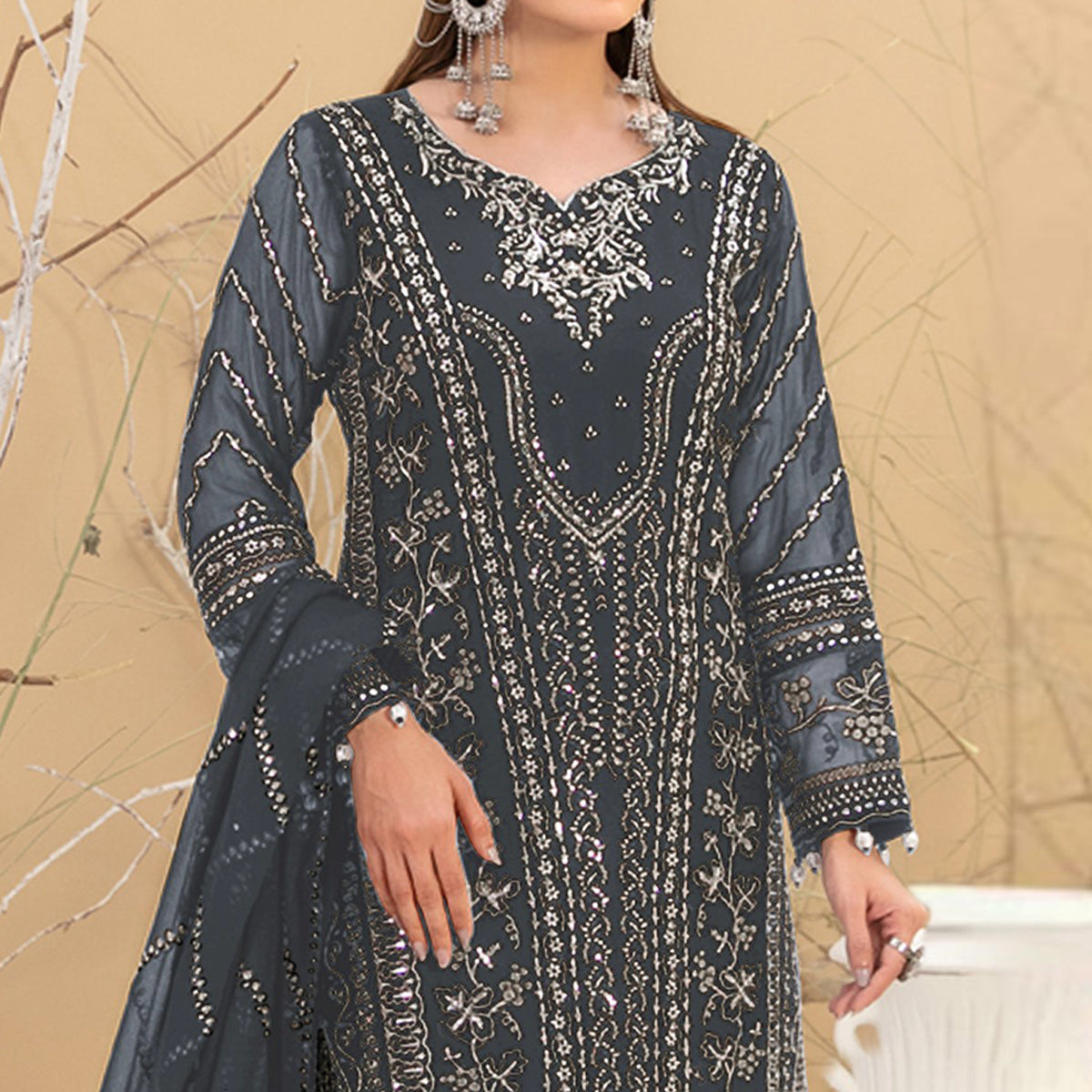 Grey Floral Embroidered Georgette Semi Stitched Pakistani Suit