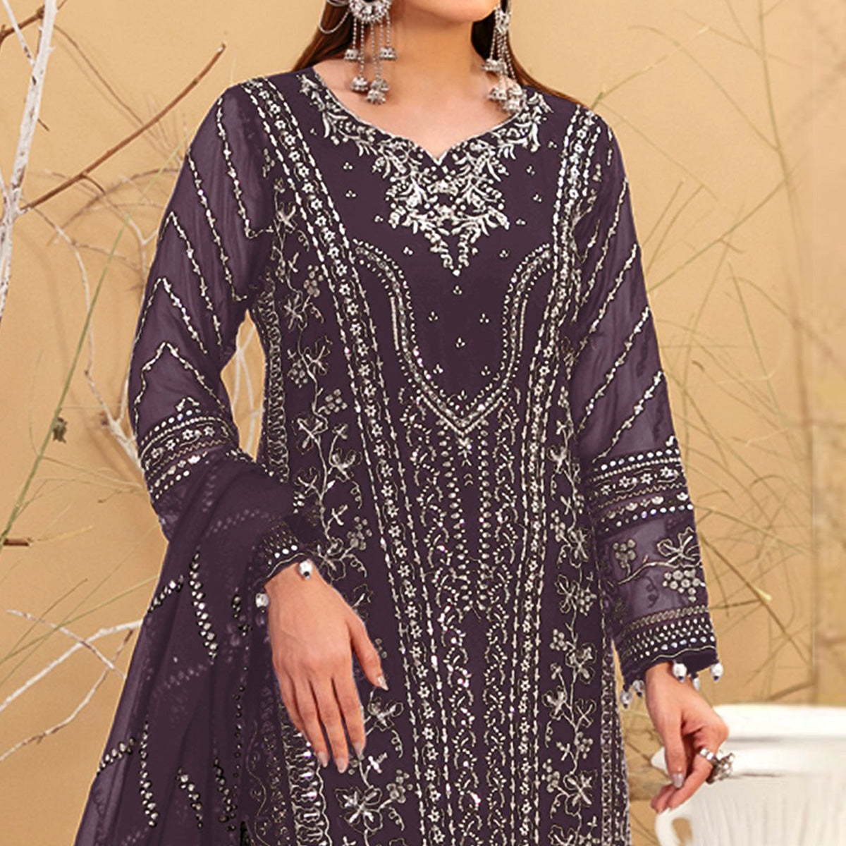 Dark Wine Floral Embroidered Georgette Semi Stitched Pakistani Suit