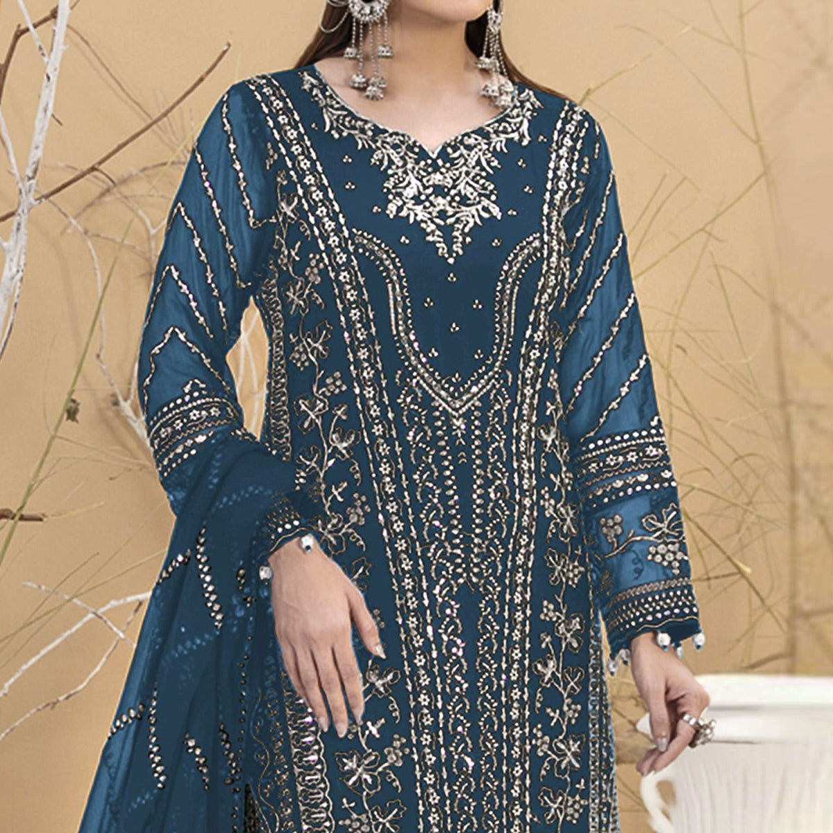 Blue Floral Embroidered Georgette Semi Stitched Pakistani Suit