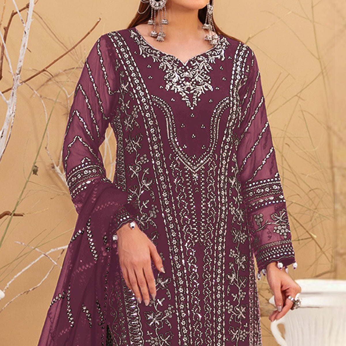Wine Floral Embroidered Georgette Semi Stitched Pakistani Suit