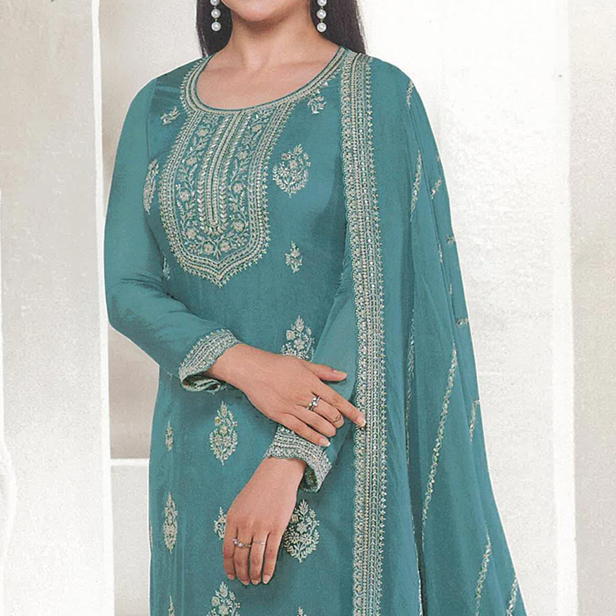 Blue Floral Embroidered Organza Semi Stitched Salwar Suit