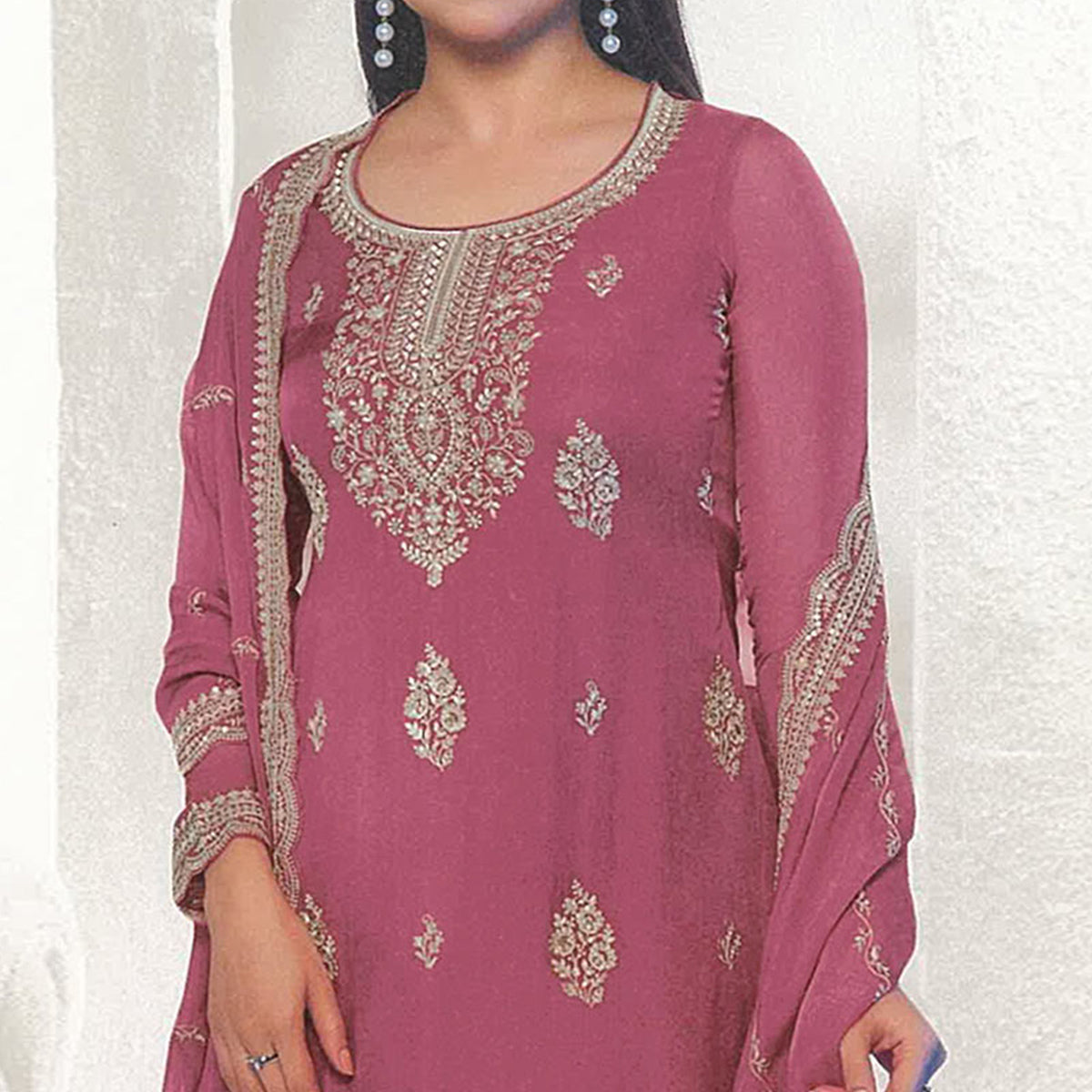 Pink Floral Embroidered Organza Semi Stitched Salwar Suit