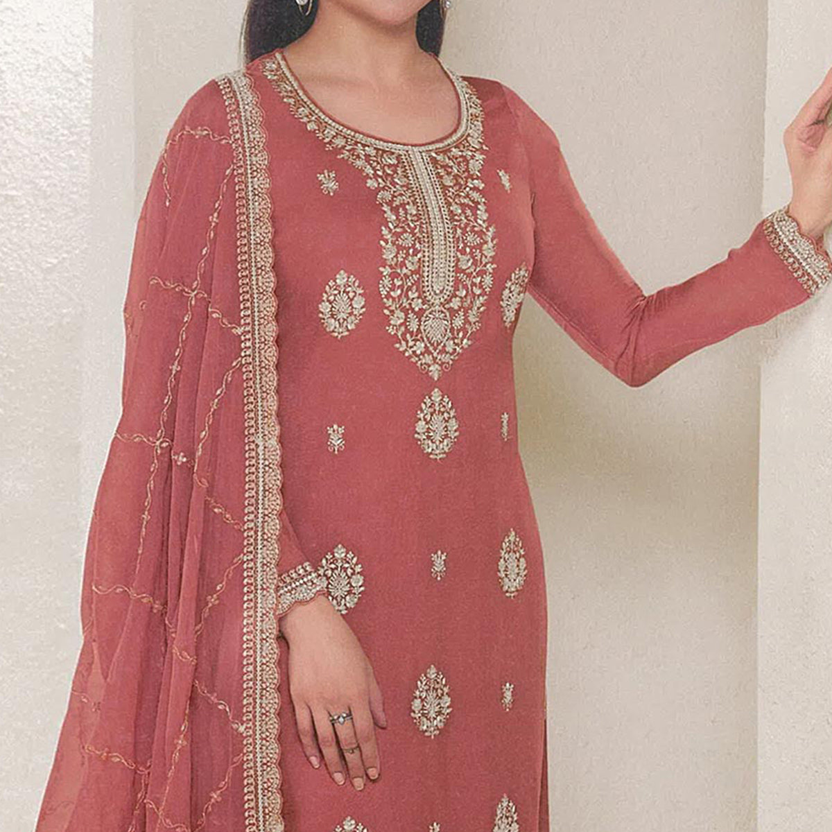 Peach Floral Embroidered Organza Semi Stitched Salwar Suit