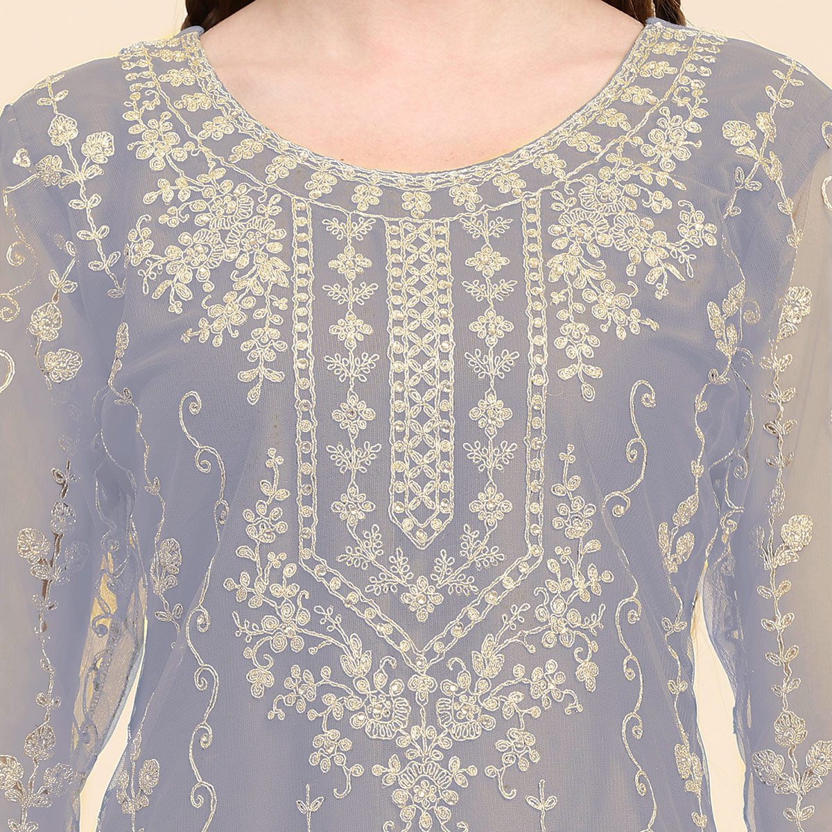Grey Sequins Embroidered Net Semi Stitched Pakistani Suit