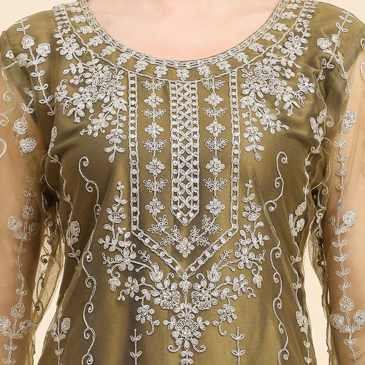 Mehndi Green Sequins Embroidered Net Semi Stitched Pakistani Suit