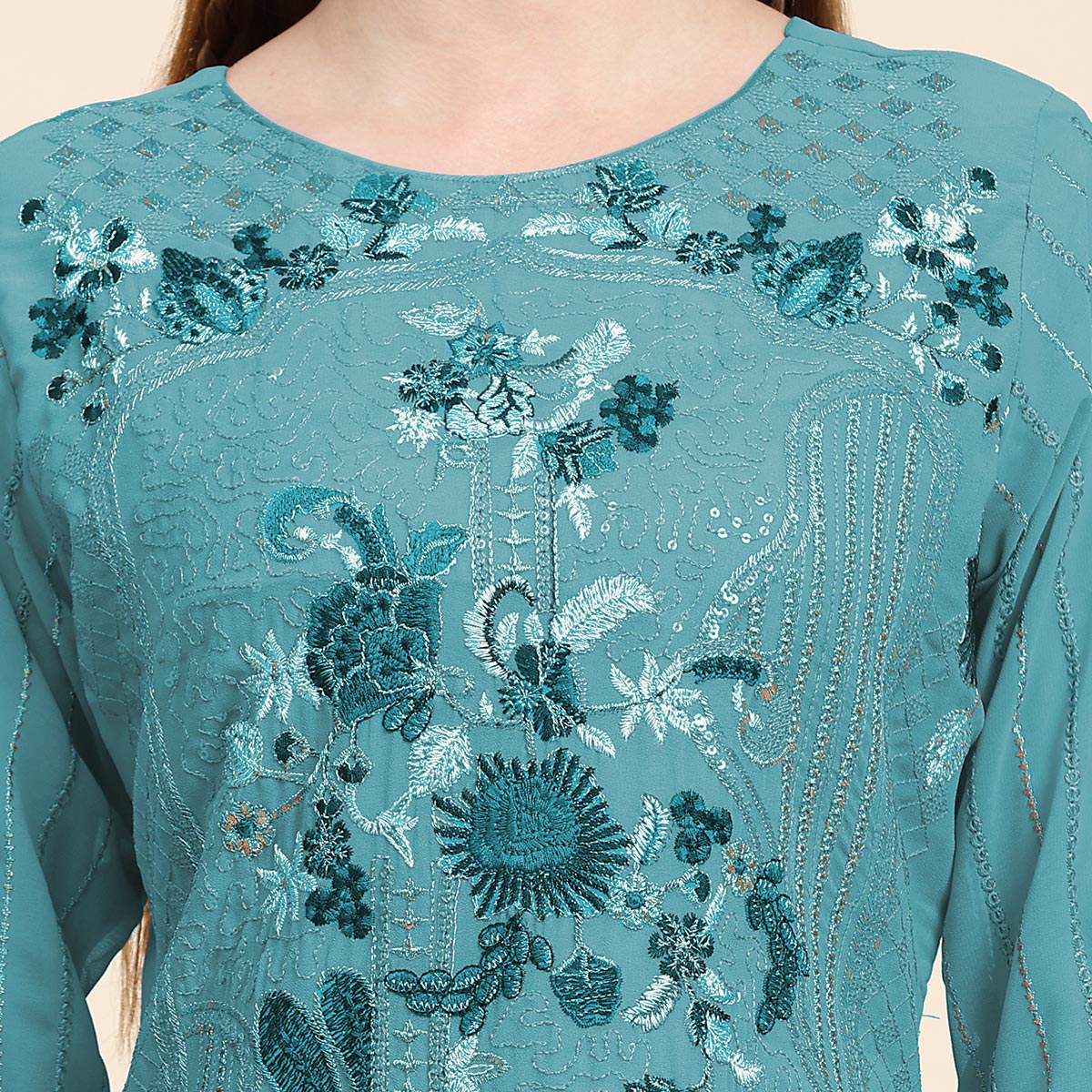 Sky Blue Floral Embroidered Georgette Semi Stitched Pakistani Suit