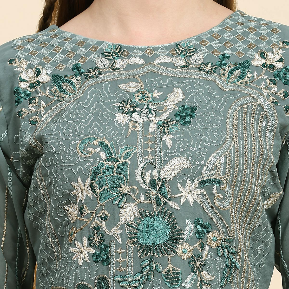 Green Floral Embroidered Georgette Semi Stitched Pakistani Suit