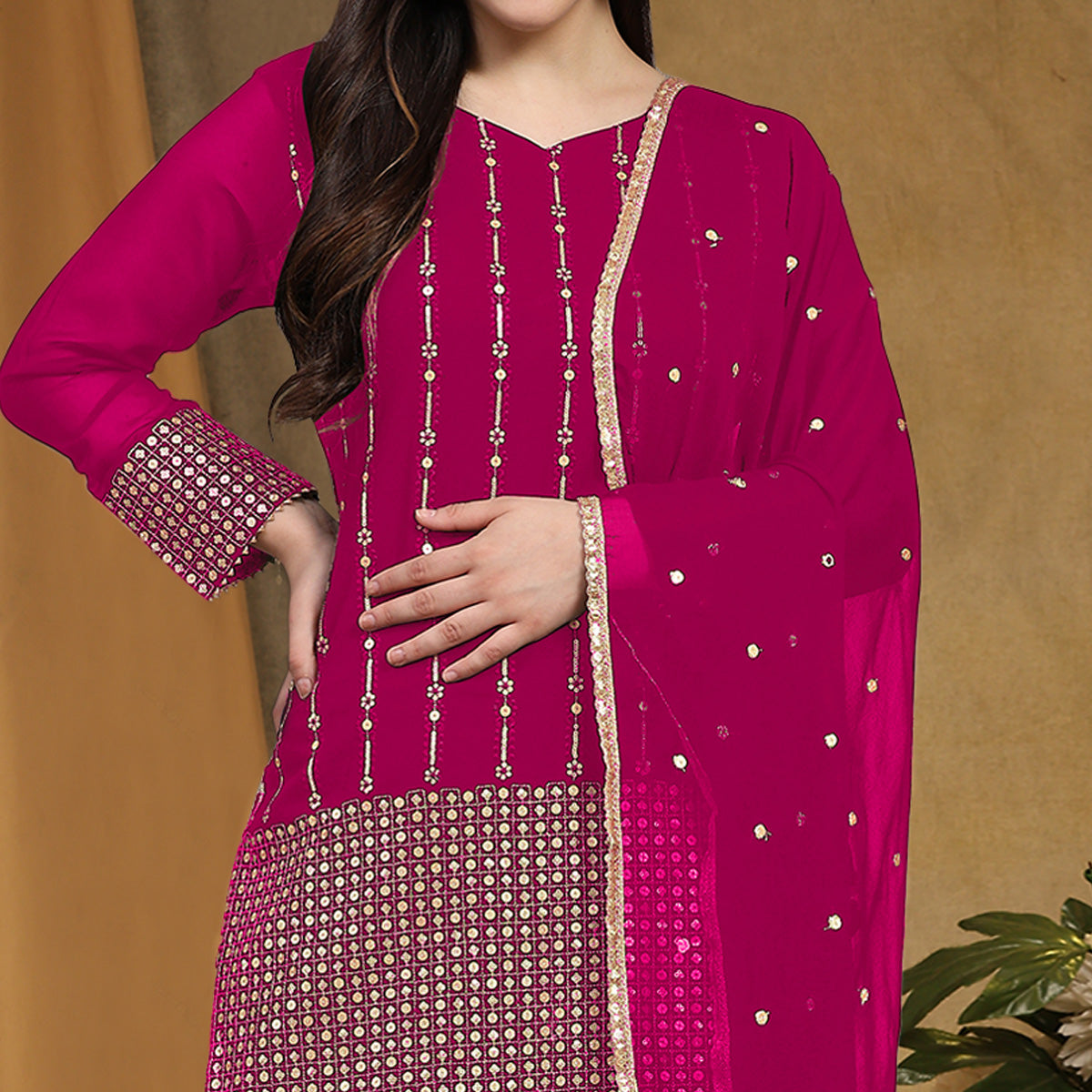 Rani Pink Sequins Embroidered Georgette Semi Stitched Salwar Suit