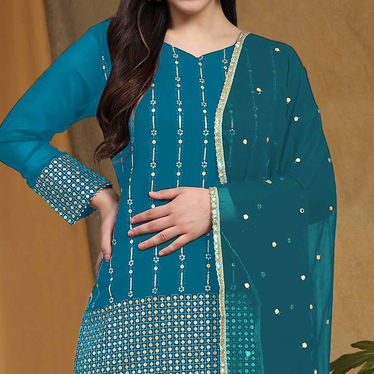 Rama Blue Sequins Embroidered Georgette Semi Stitched Salwar Suit
