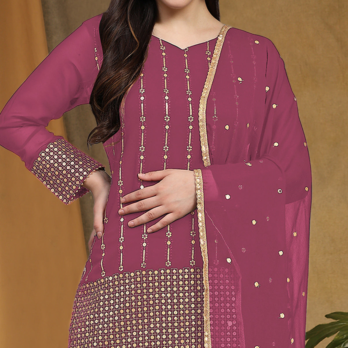 Pink Sequins Embroidered Georgette Semi Stitched Salwar Suit