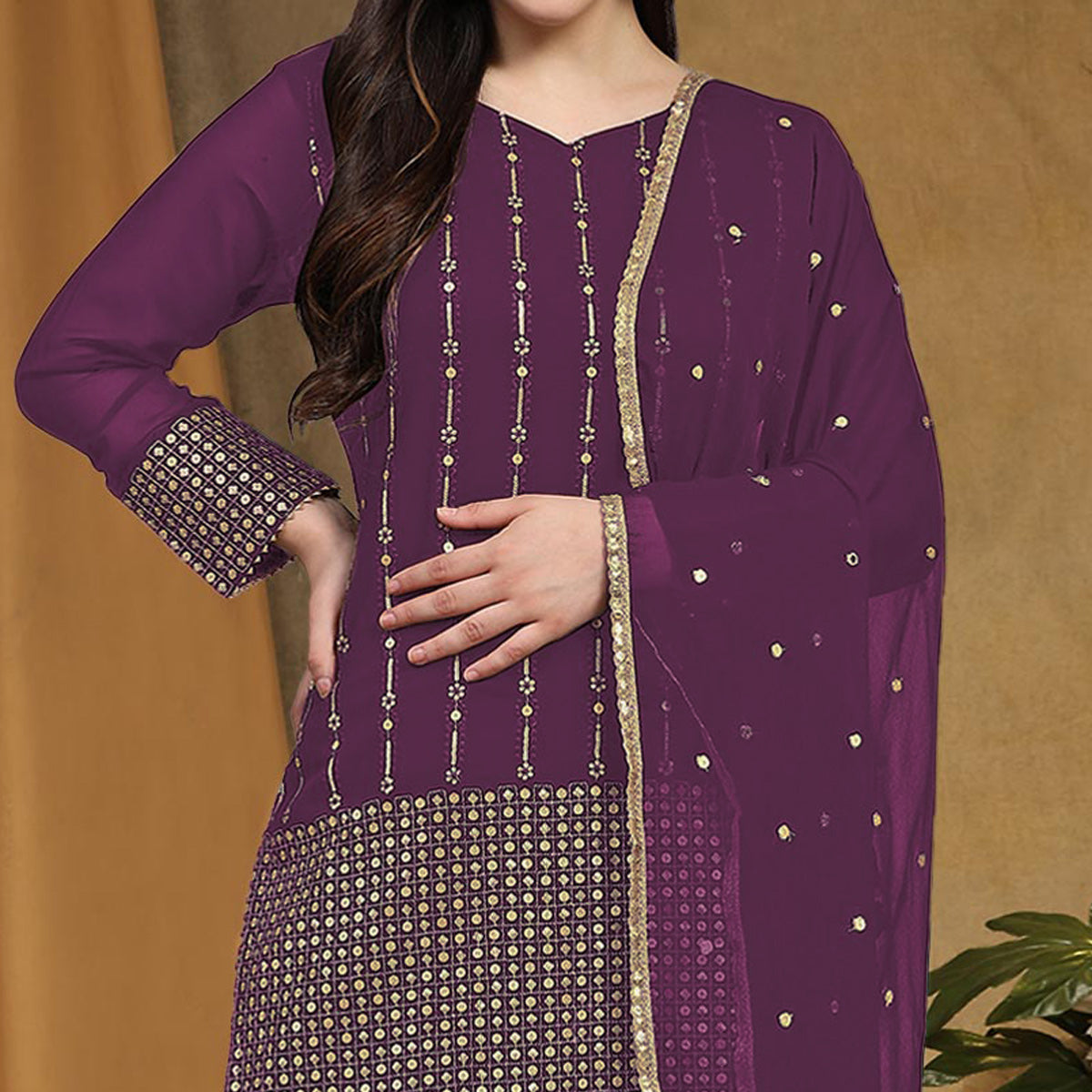Wine Sequins Embroidered Georgette Semi Stitched Salwar Suit