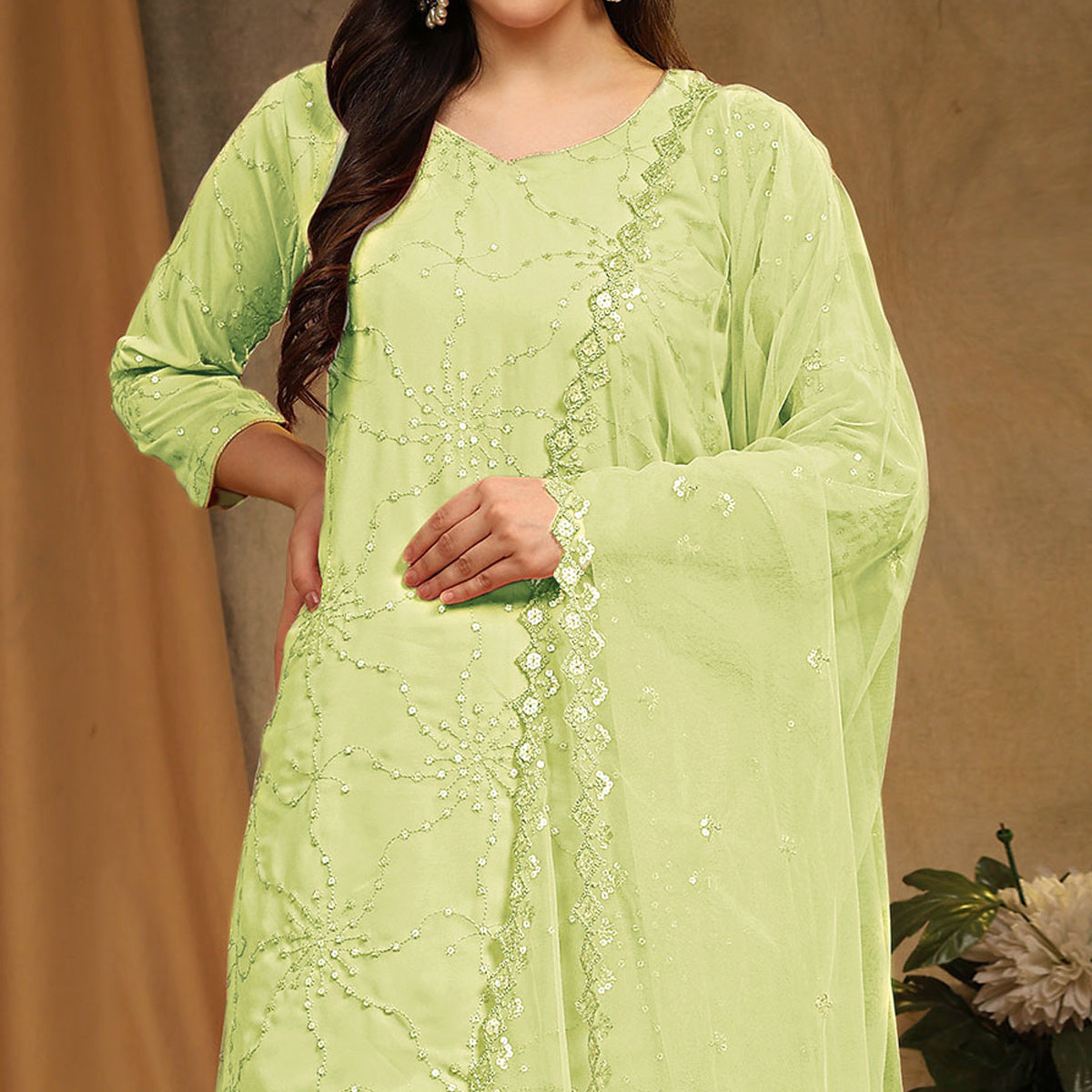 Parrot Green Embroidered Georgette Semi Stitched Sharara Suit