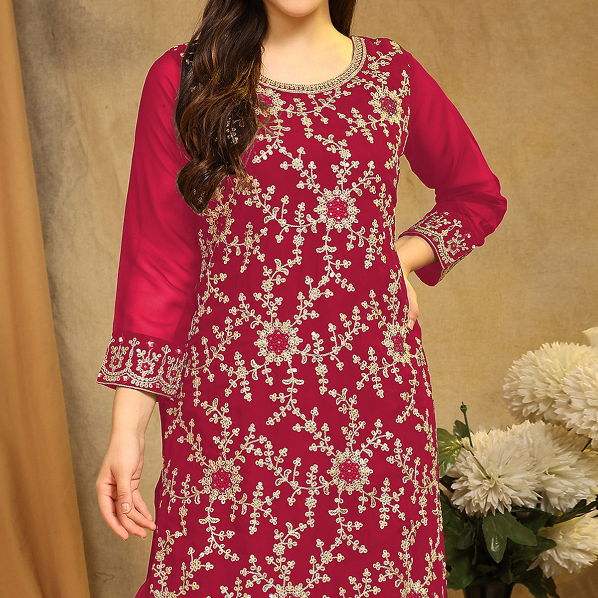 Pink Floral Embroidered Georgette Semi Stitched Suit