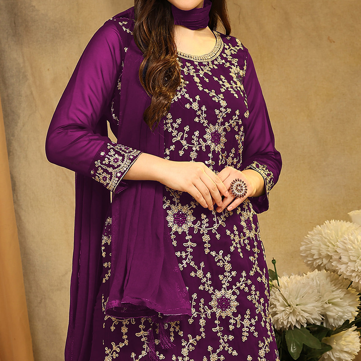 Purple Floral Embroidered Georgette Semi Stitched Suit