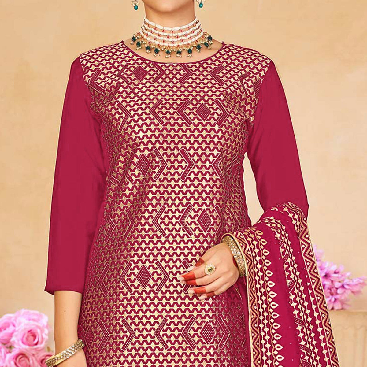 Pink Embroidered With Swarovski Work Vichitra Silk Semi Stitched Salwar Suit