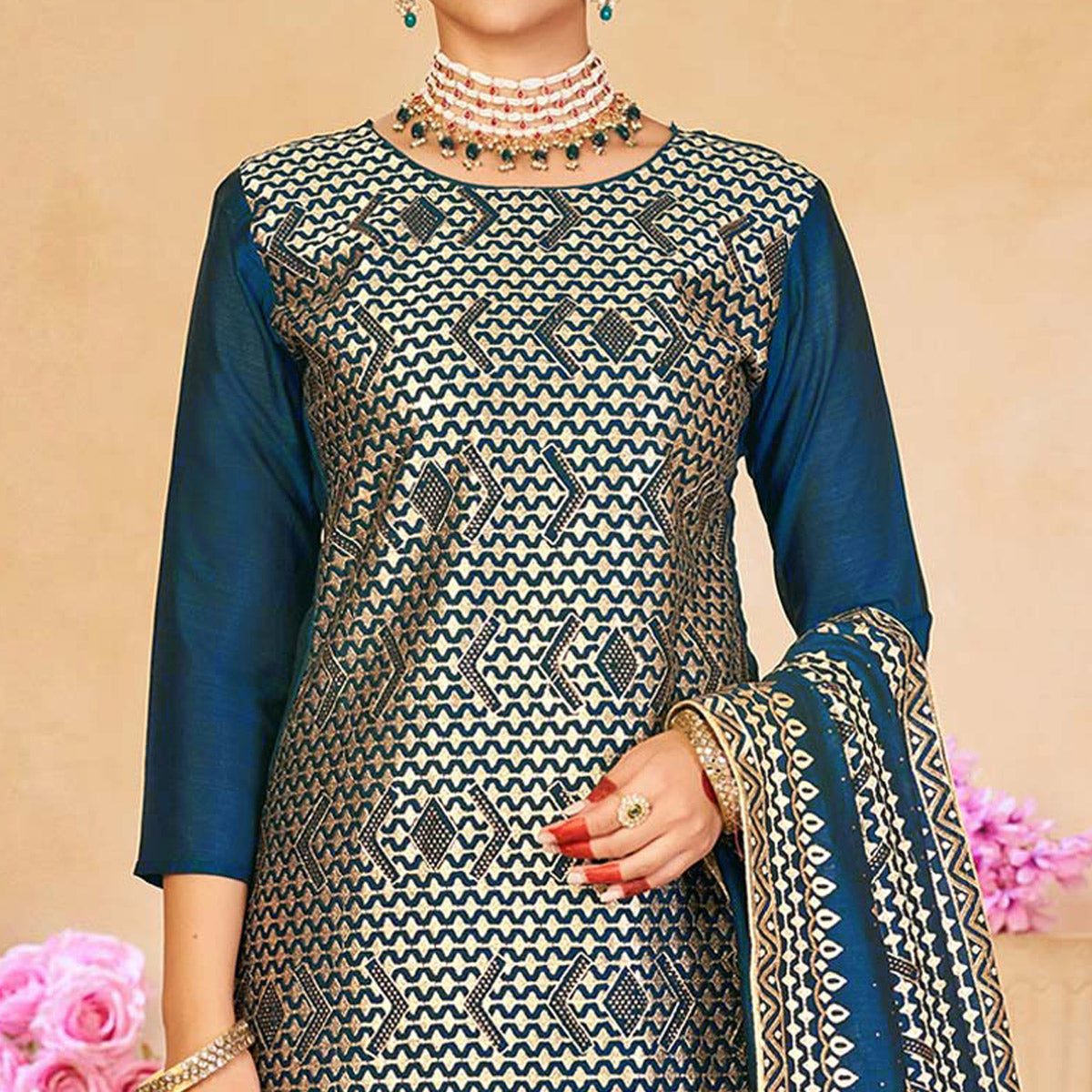 Teal Blue Embroidered With Swarovski Work Vichitra Silk Semi Stitched Salwar Suit