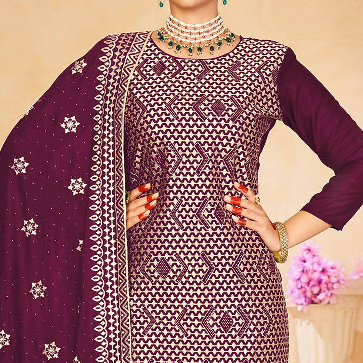Wine Embroidered With Swarovski Work Vichitra Silk Semi Stitched Salwar Suit