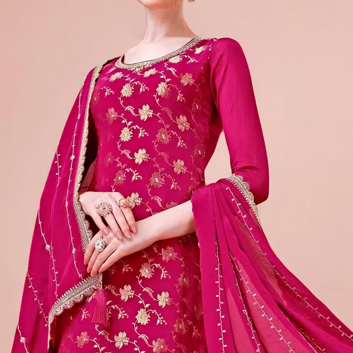 Rani Pink Floral Zari Woven Chinon Semi Stitched Dress Material