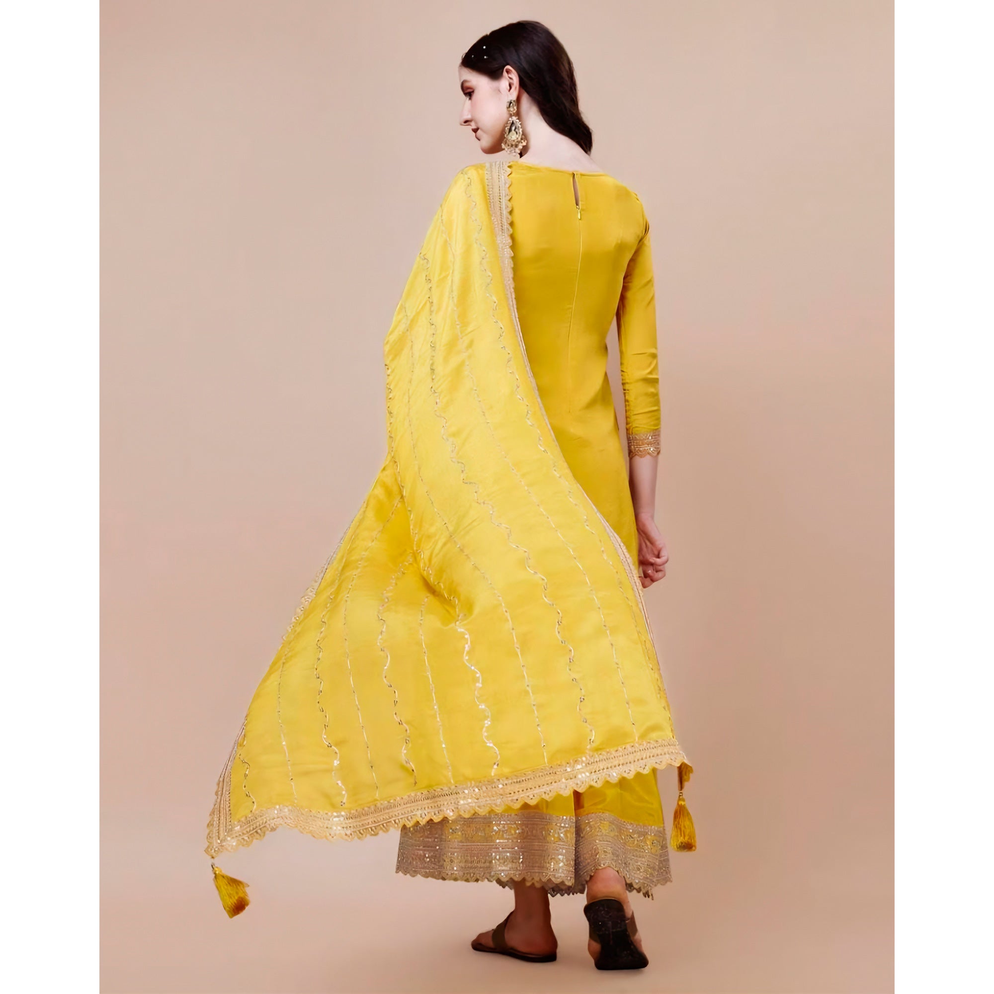 Yellow Floral Zari Woven Chinon Semi Stitched Dress Material