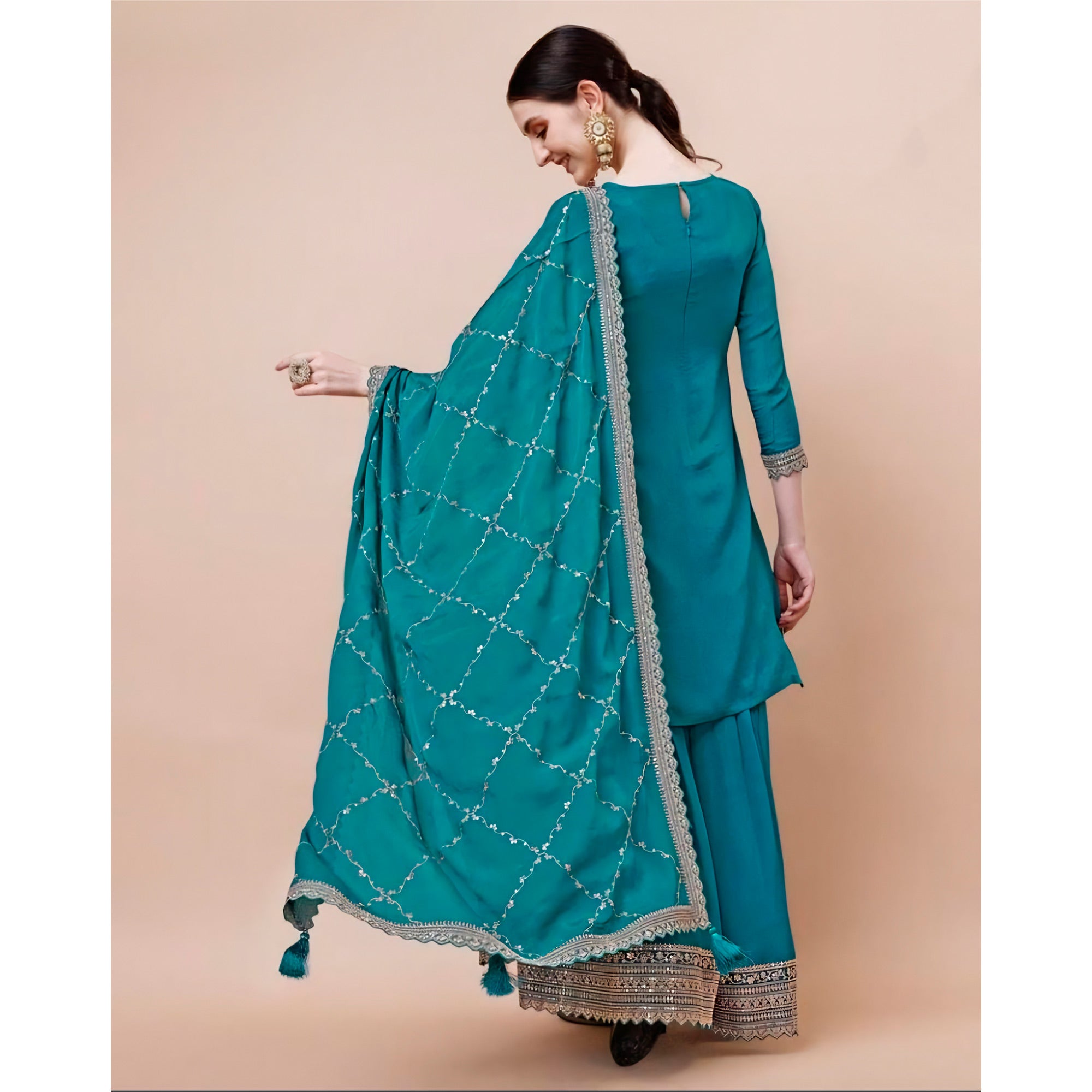 Rama Blue Floral Zari Woven Chinon Semi Stitched Dress Material