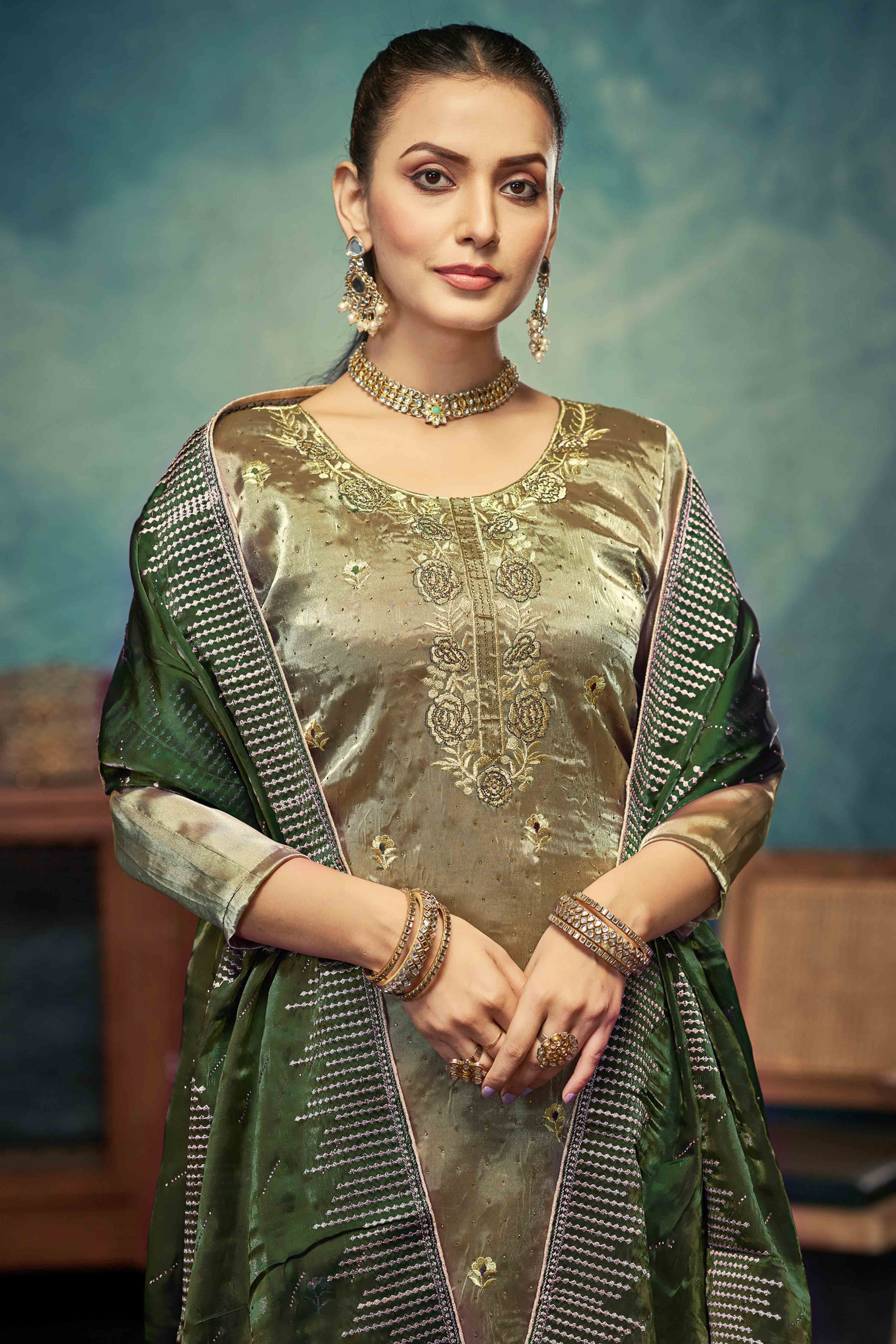 Green Floral Embroidery With Swarovski Work Jimmy Choo Tissue Semi Stitched Suit