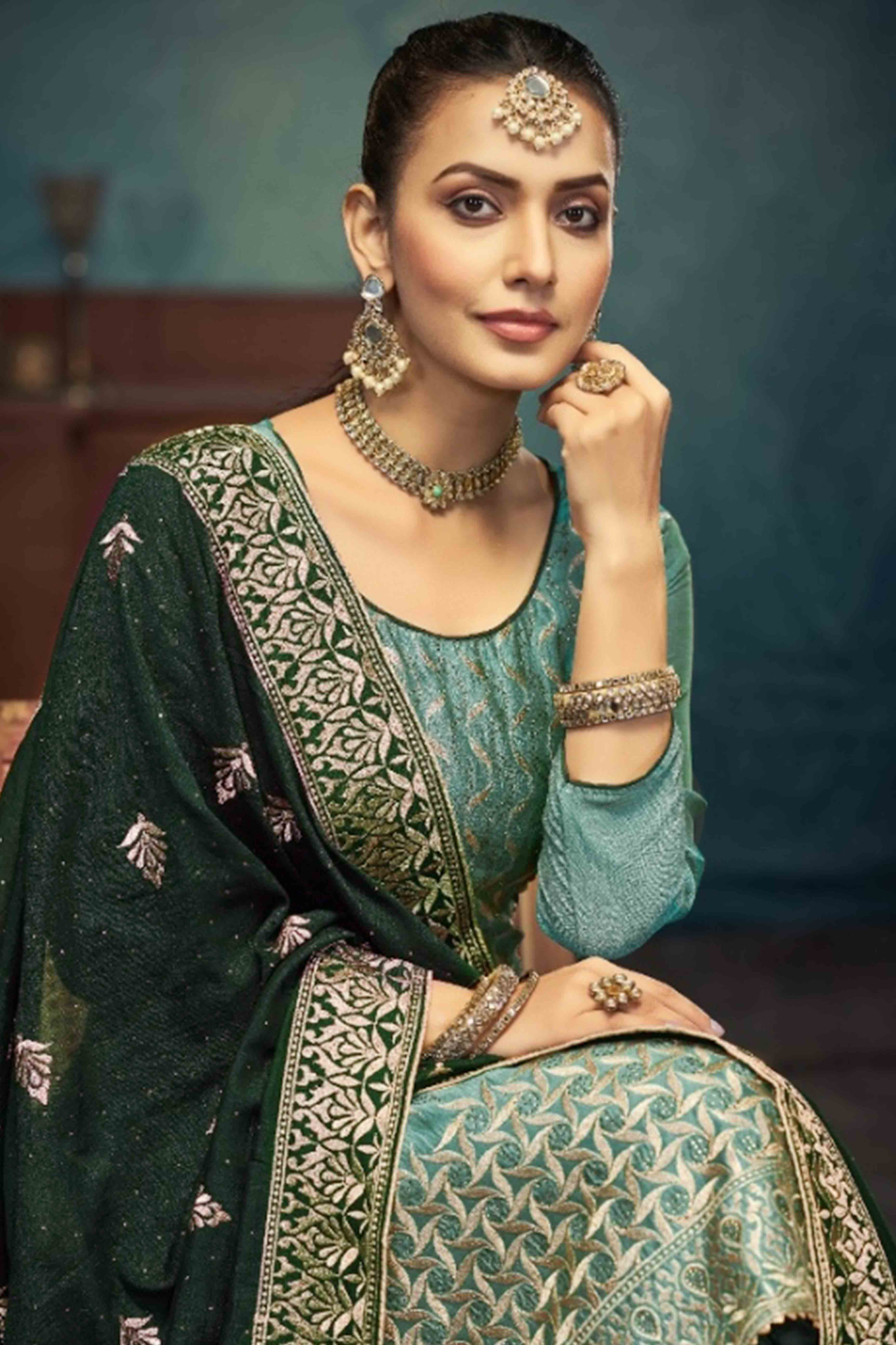 Green Embroidery With Swarovski Work Vichitra Silk Semi Stitched Suit