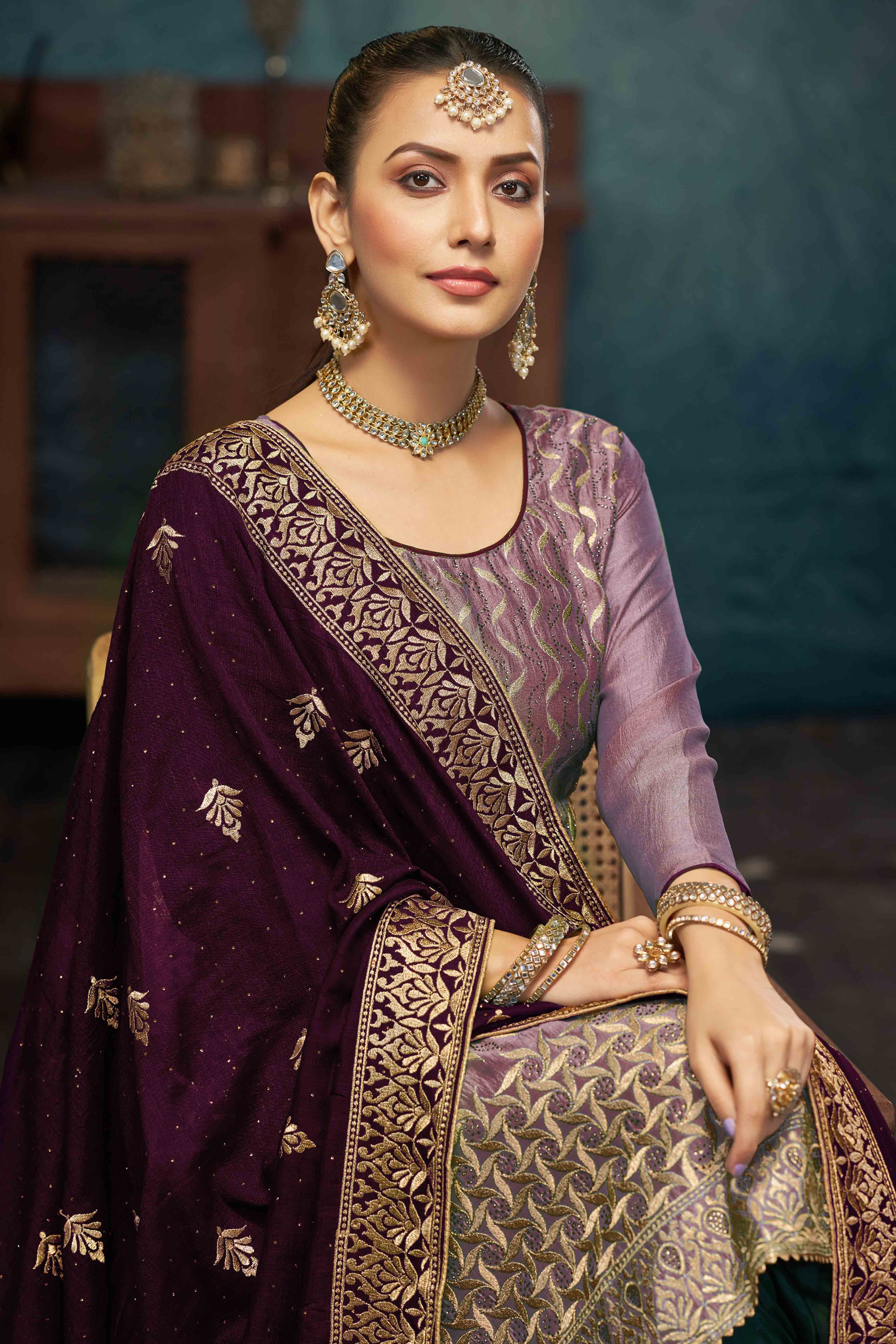 Purple Embroidery With Swarovski Work Vichitra Silk Semi Stitched Suit