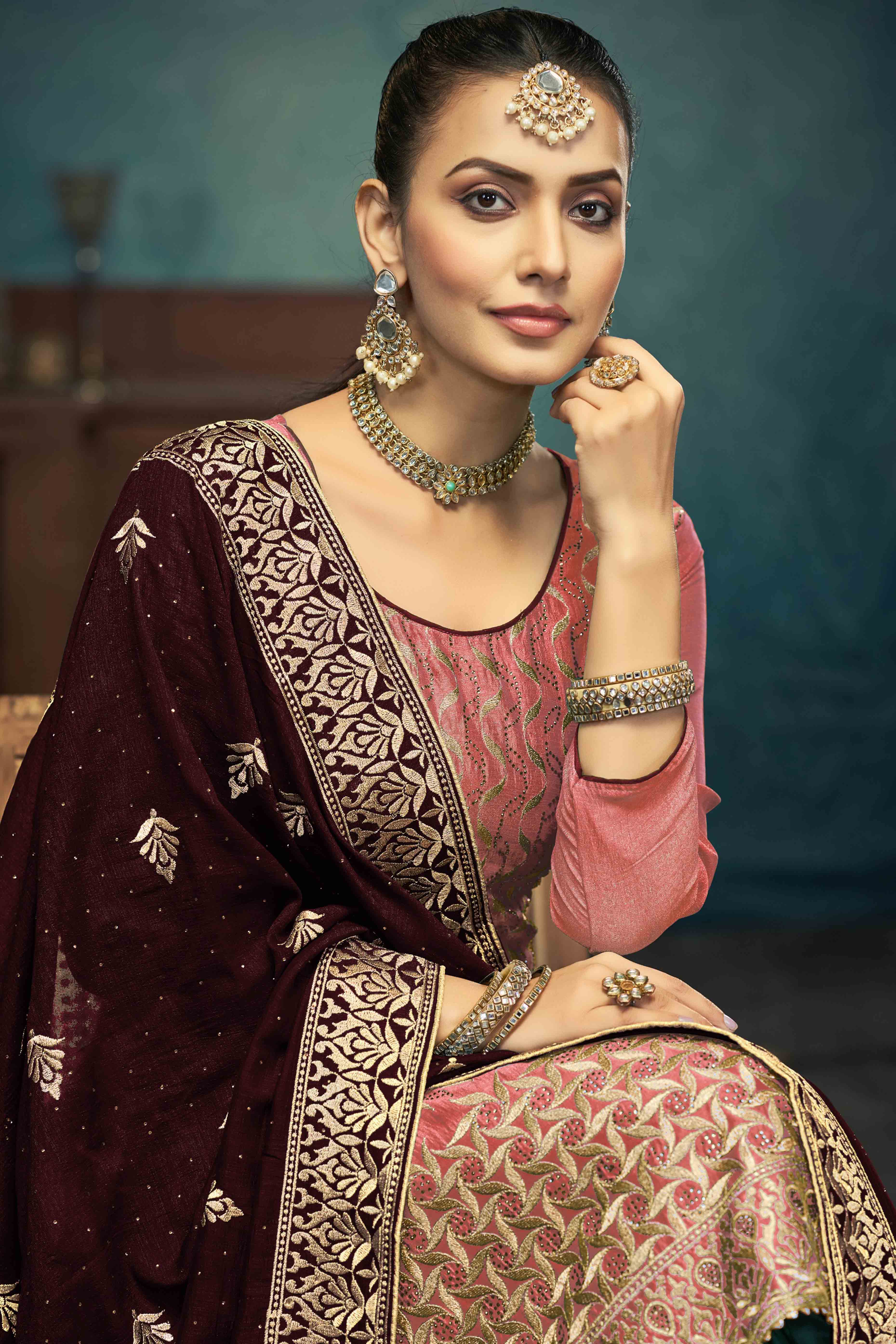 Rust Embroidery With Swarovski Work Vichitra Silk Semi Stitched Suit