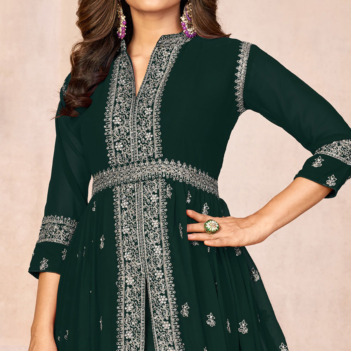 Green Floral Embroidered Front Slit Semi Stitched Georgette Anarkali Suit