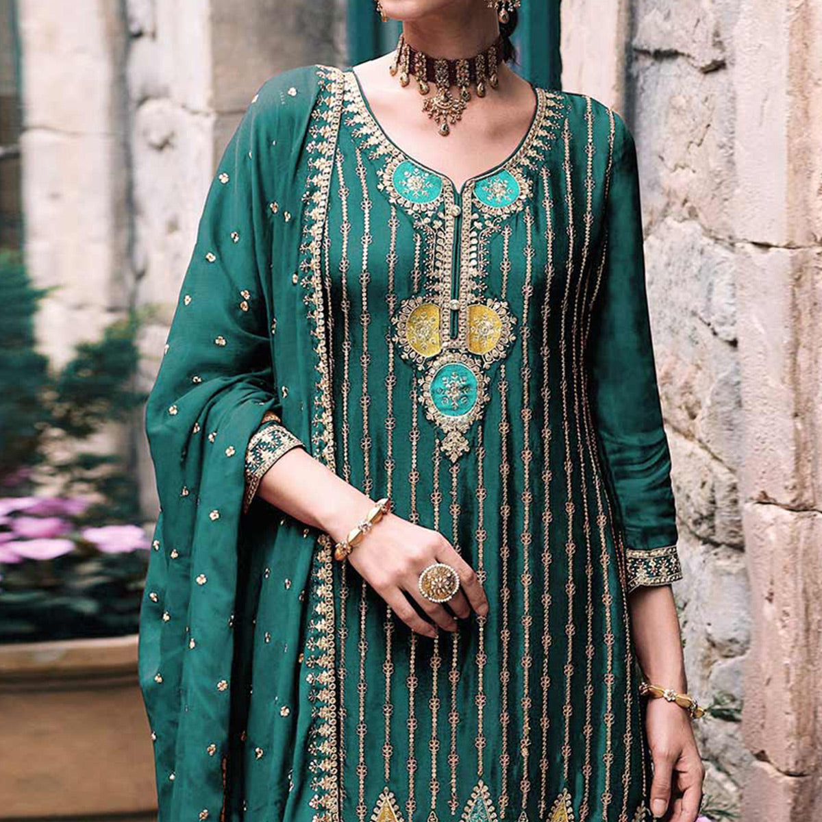 Green Embroidered Chinon Semi Stitched Palazzo Suit