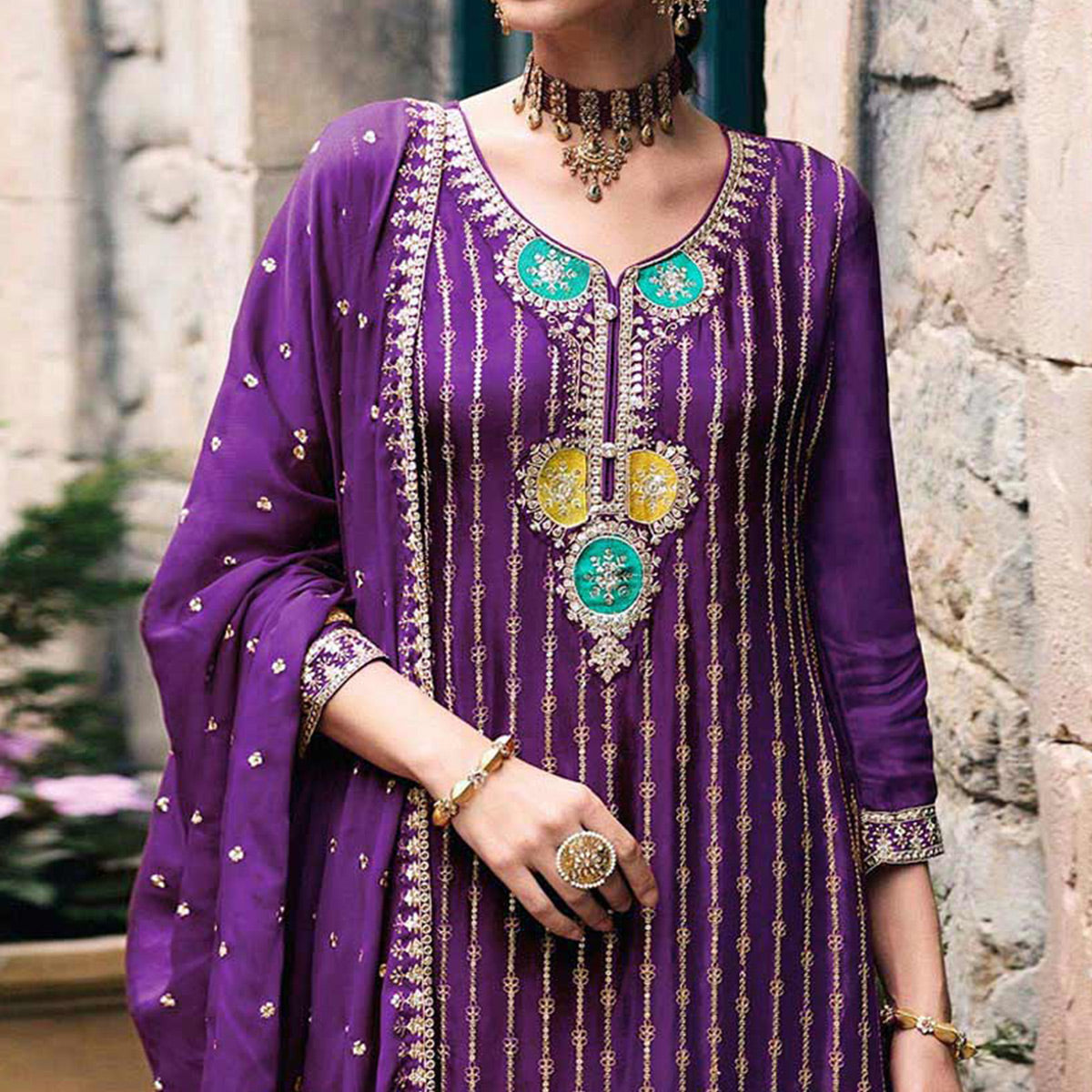 Purple Embroidered Chinon Semi Stitched Palazzo Suit