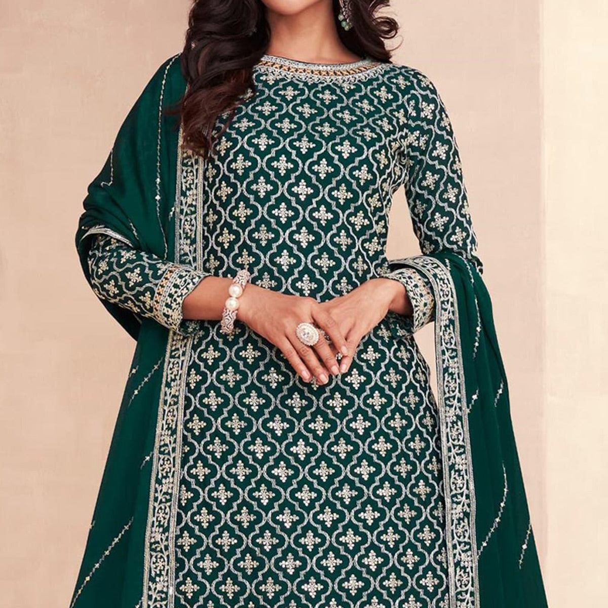 Dark Green Embroidered Chinon Semi Stitched Sharara Suit
