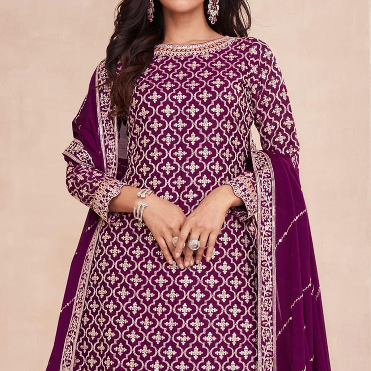 Purple Embroidered Chinon Semi Stitched Sharara Suit