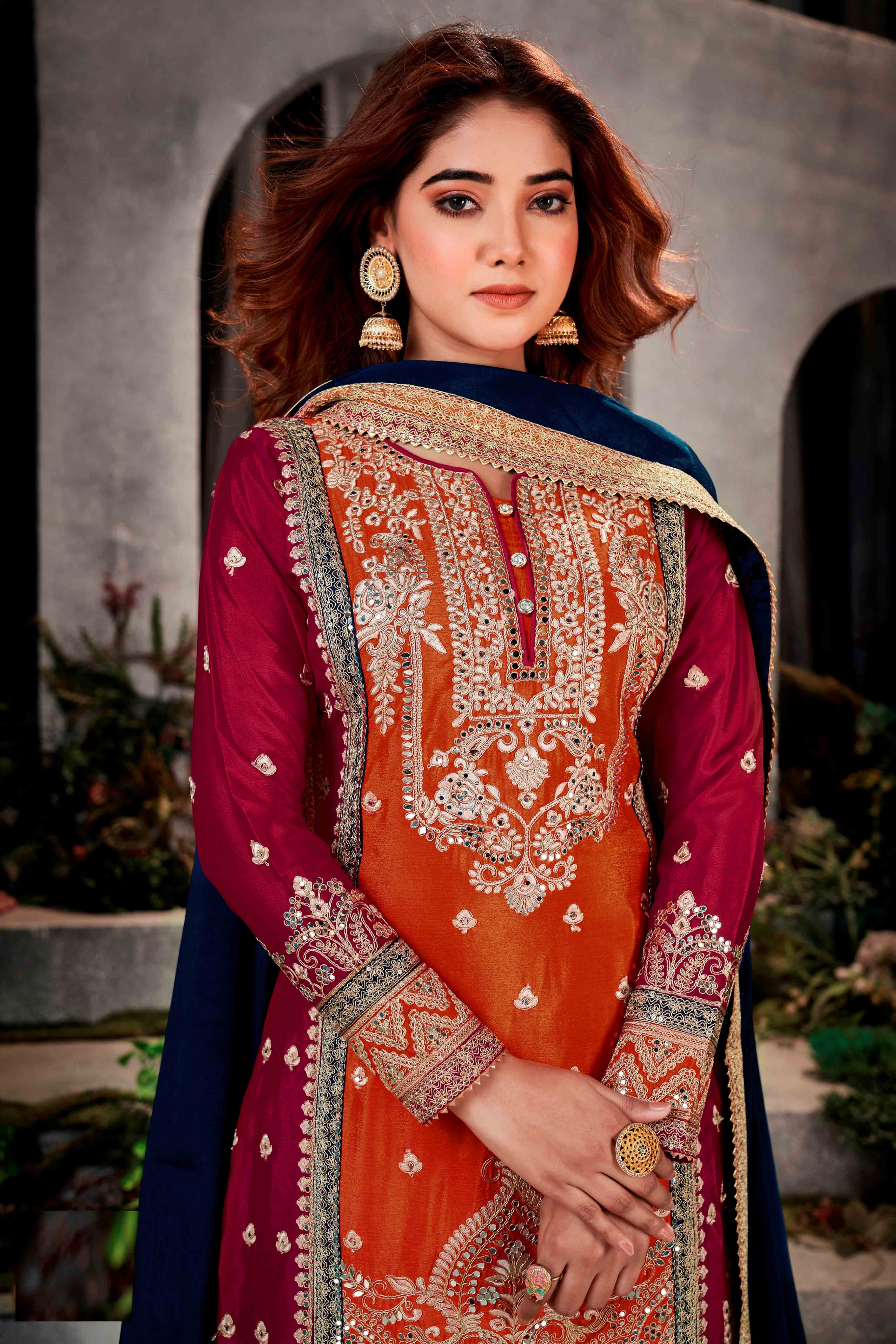 Pink & Orange Floral Sequins Embroidered Chinon Silk Semi Stitched Palazzo Suit