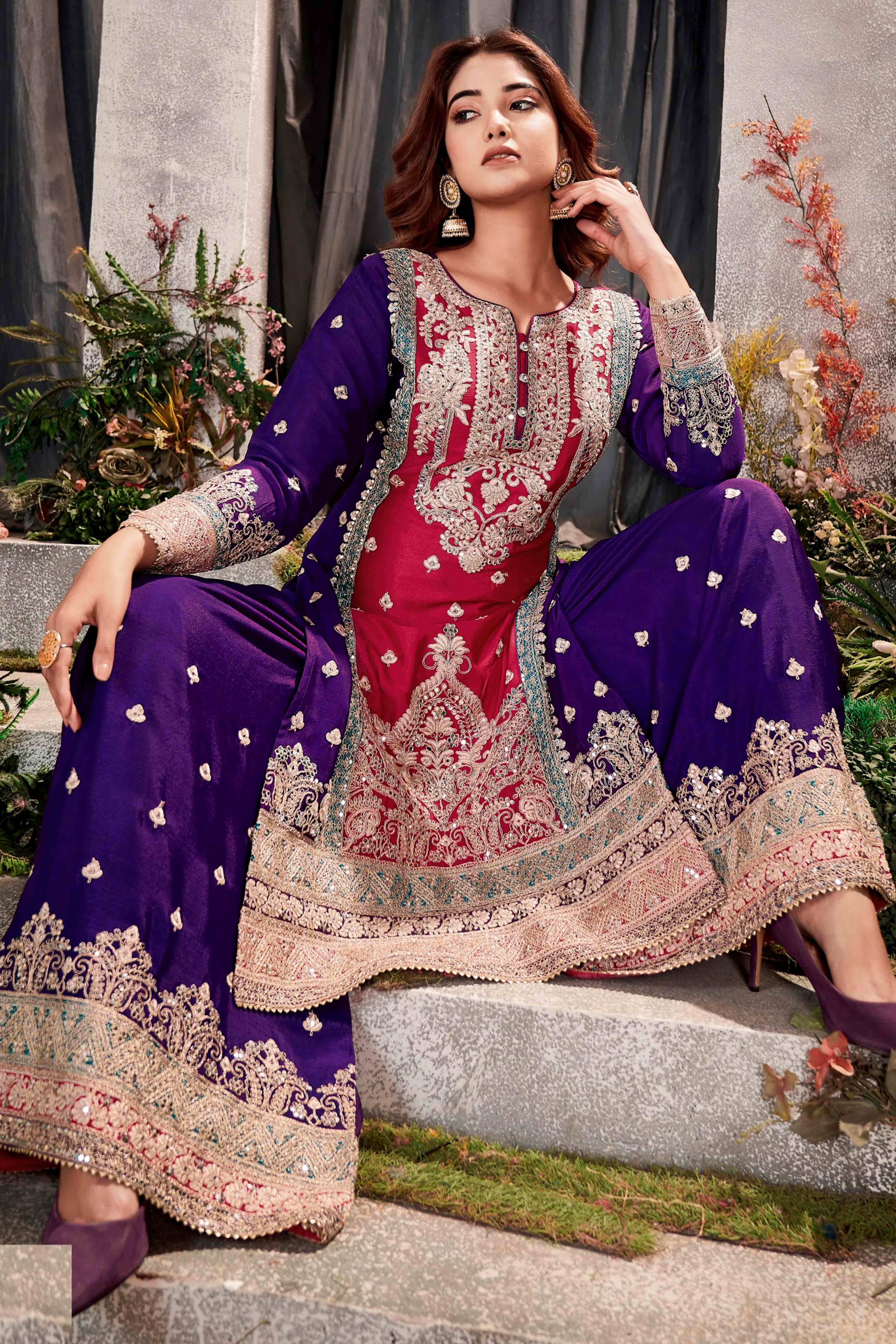 Purple & Pink Floral Sequins Embroidered Chinon Silk Semi Stitched Palazzo Suit