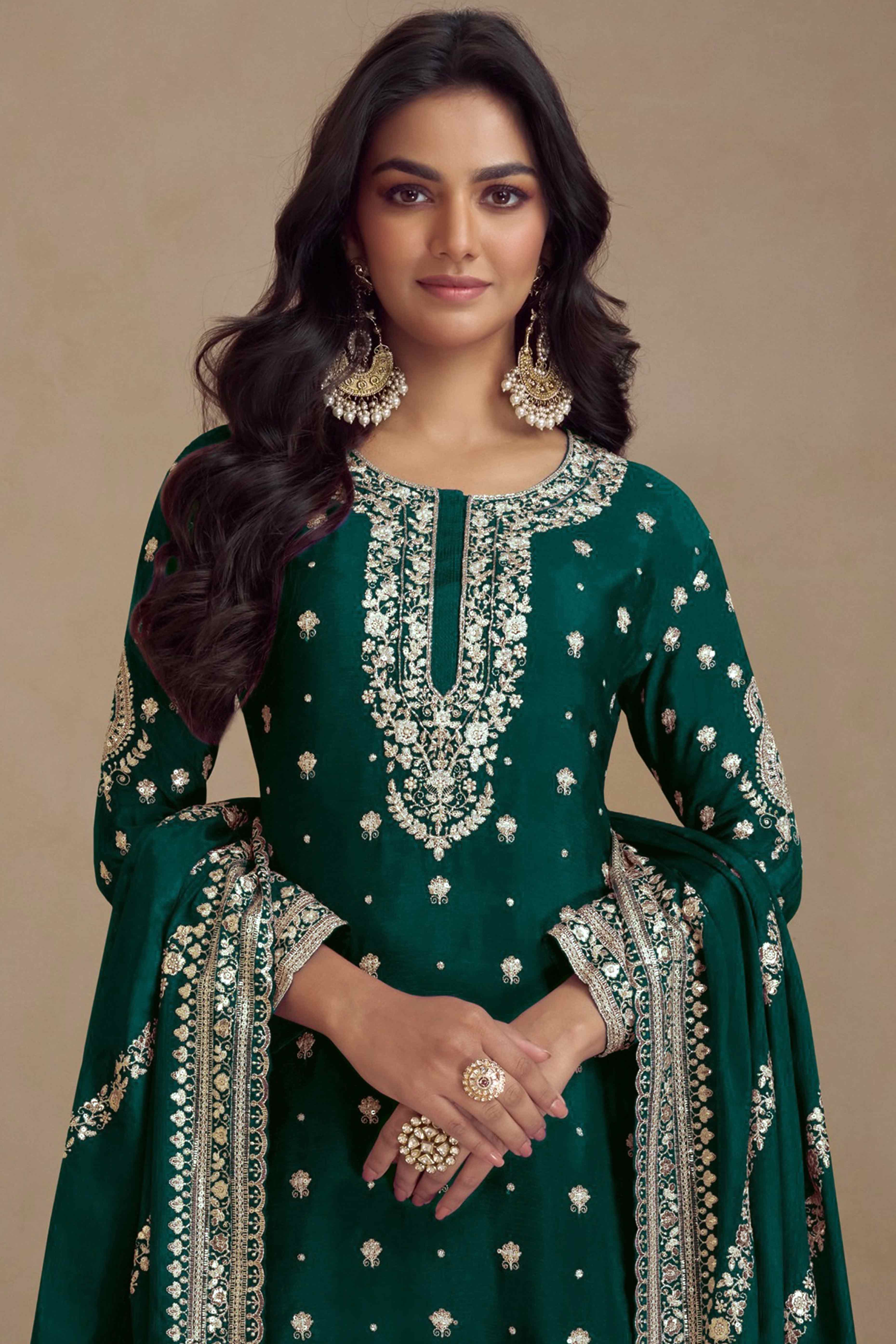 Green Floral Sequins Embroidered Satin Silk Semi Stitched Suit