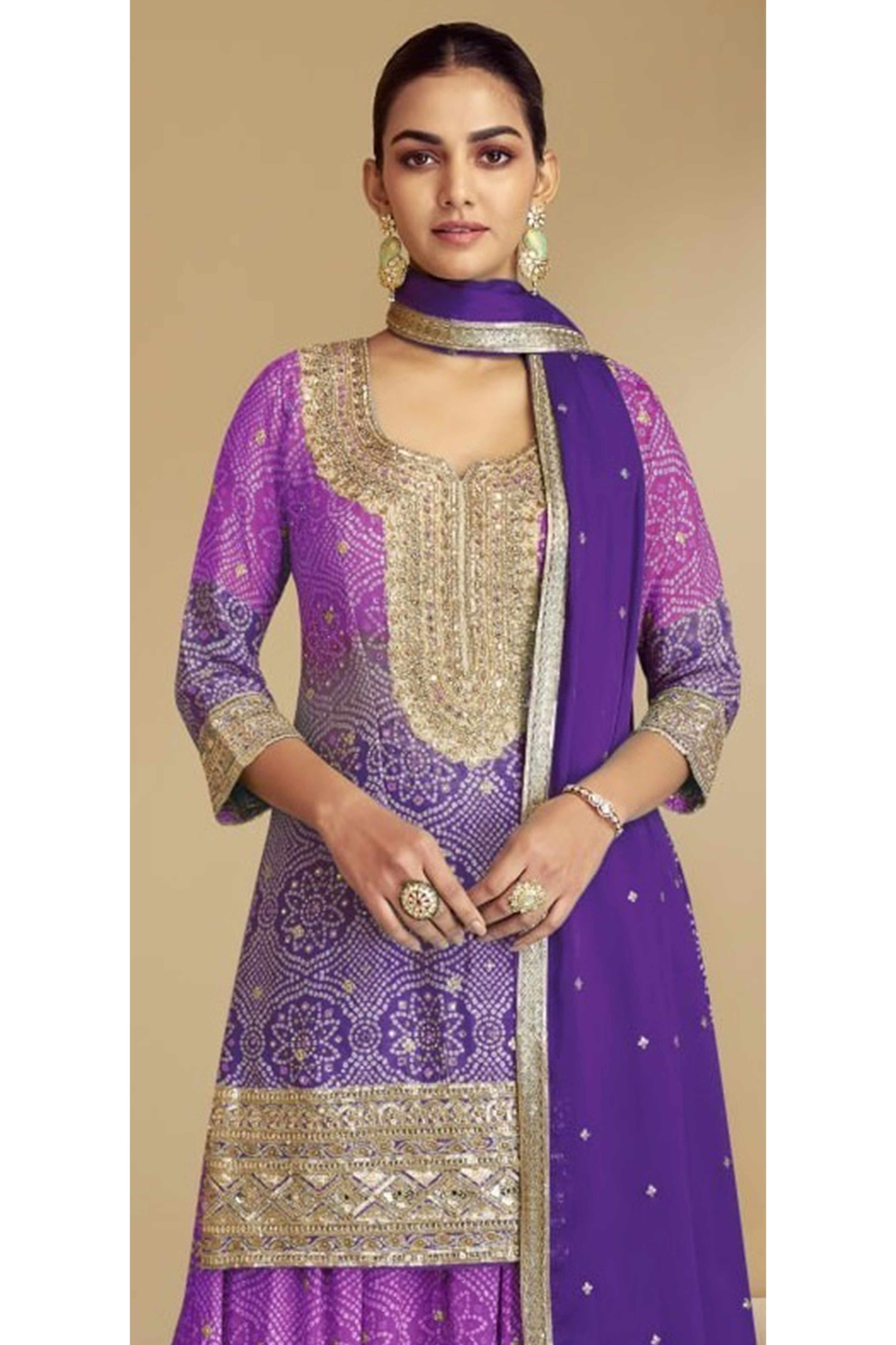 Purple Embroidered Chinon Palazzo Suit