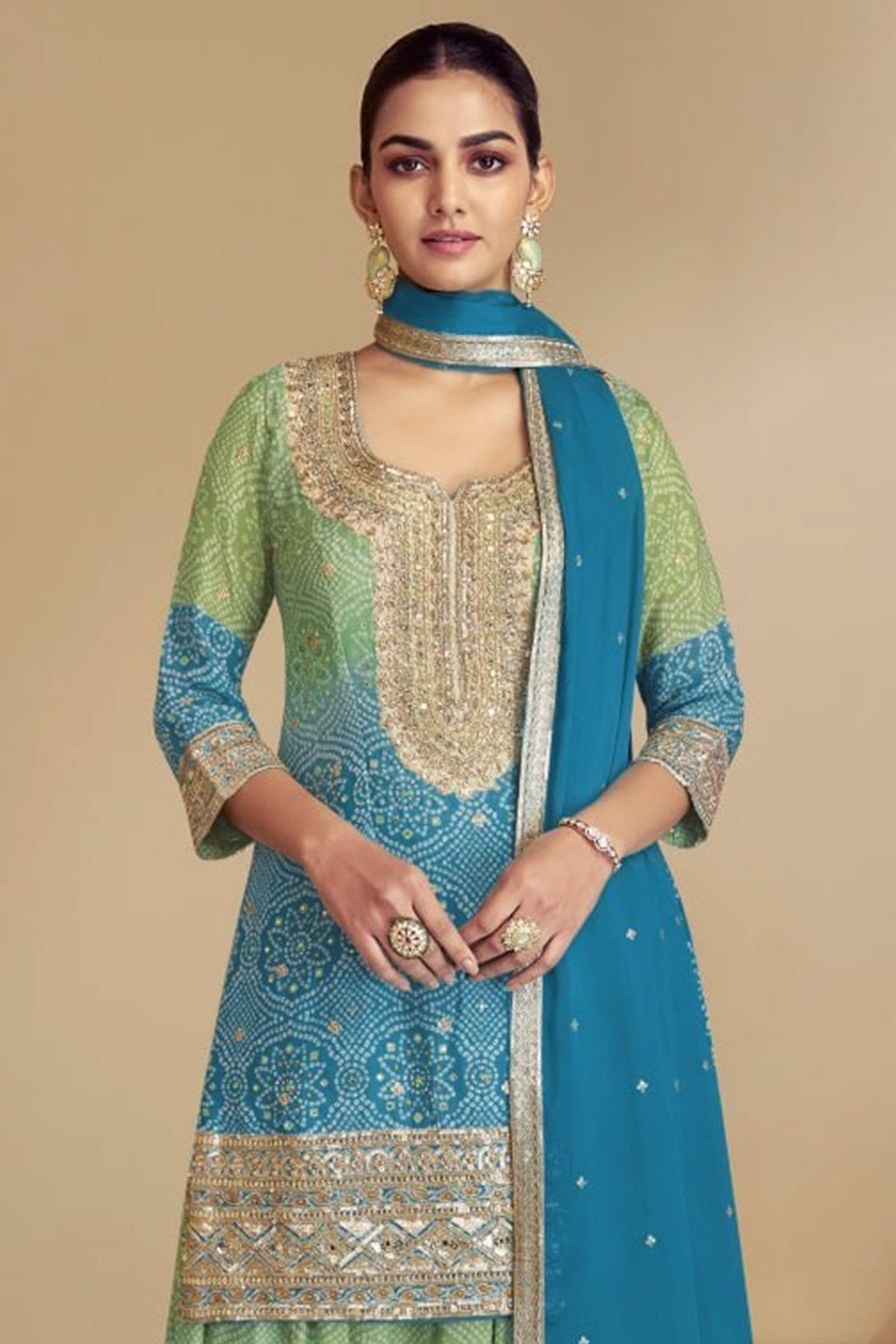 Sky Blue Embroidered Chinon Palazzo Suit