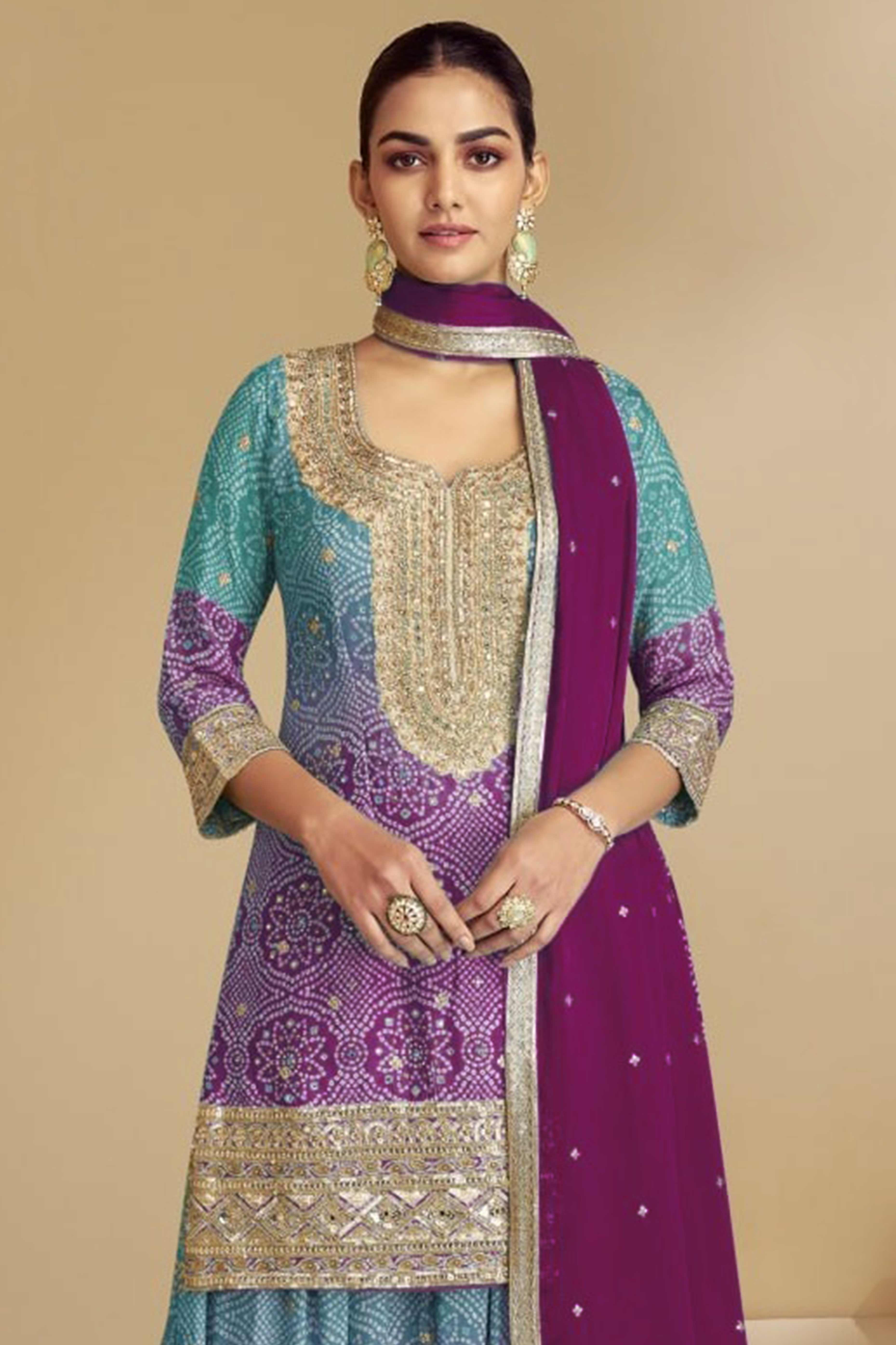 Magenta Embroidered Chinon Palazzo Suit