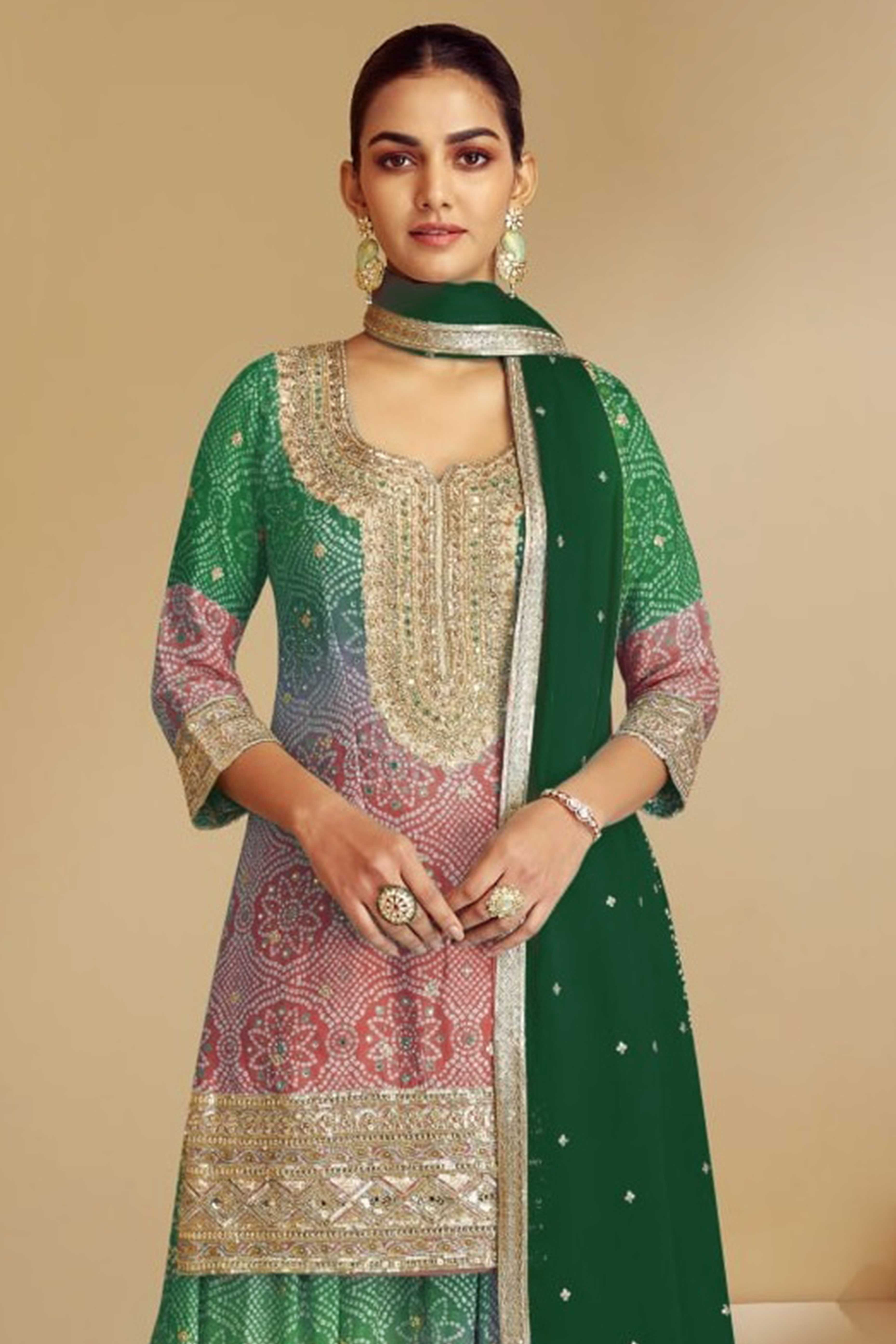 Green Embroidered Chinon Palazzo Suit