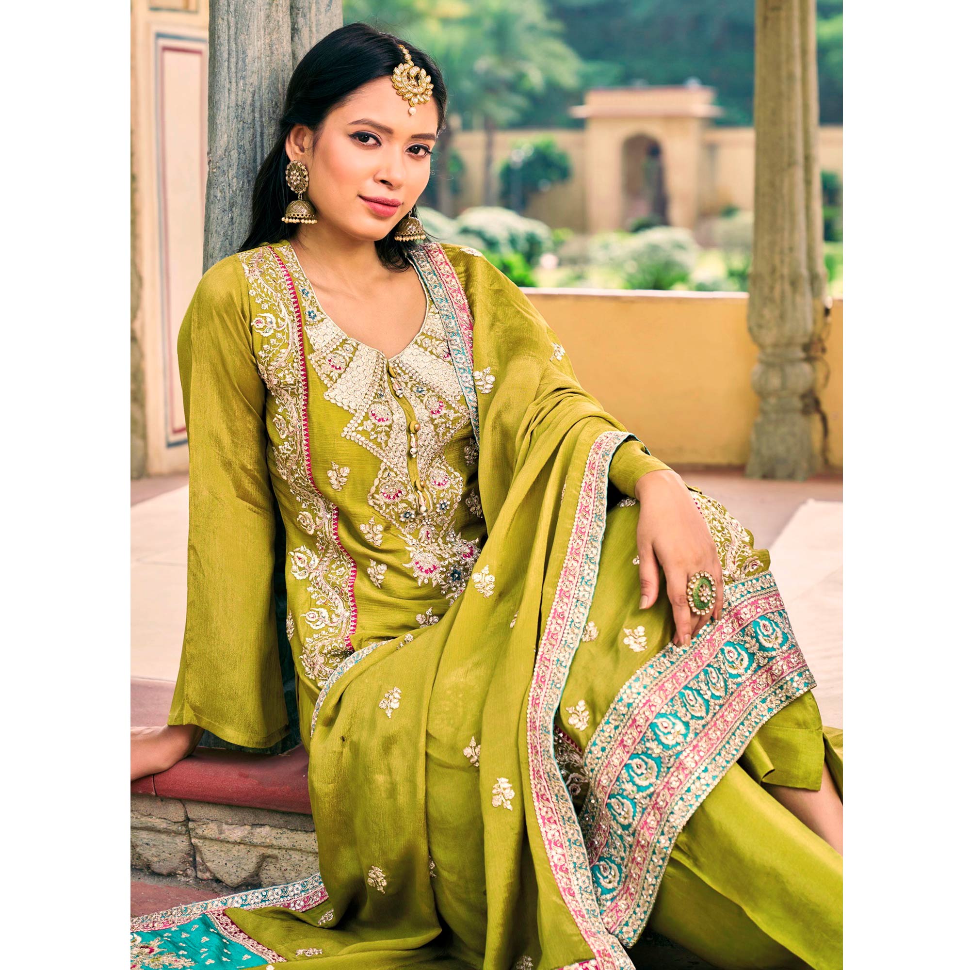 Mustard Sequins Embroidered Chinon Semi Stitched Salwar Suit