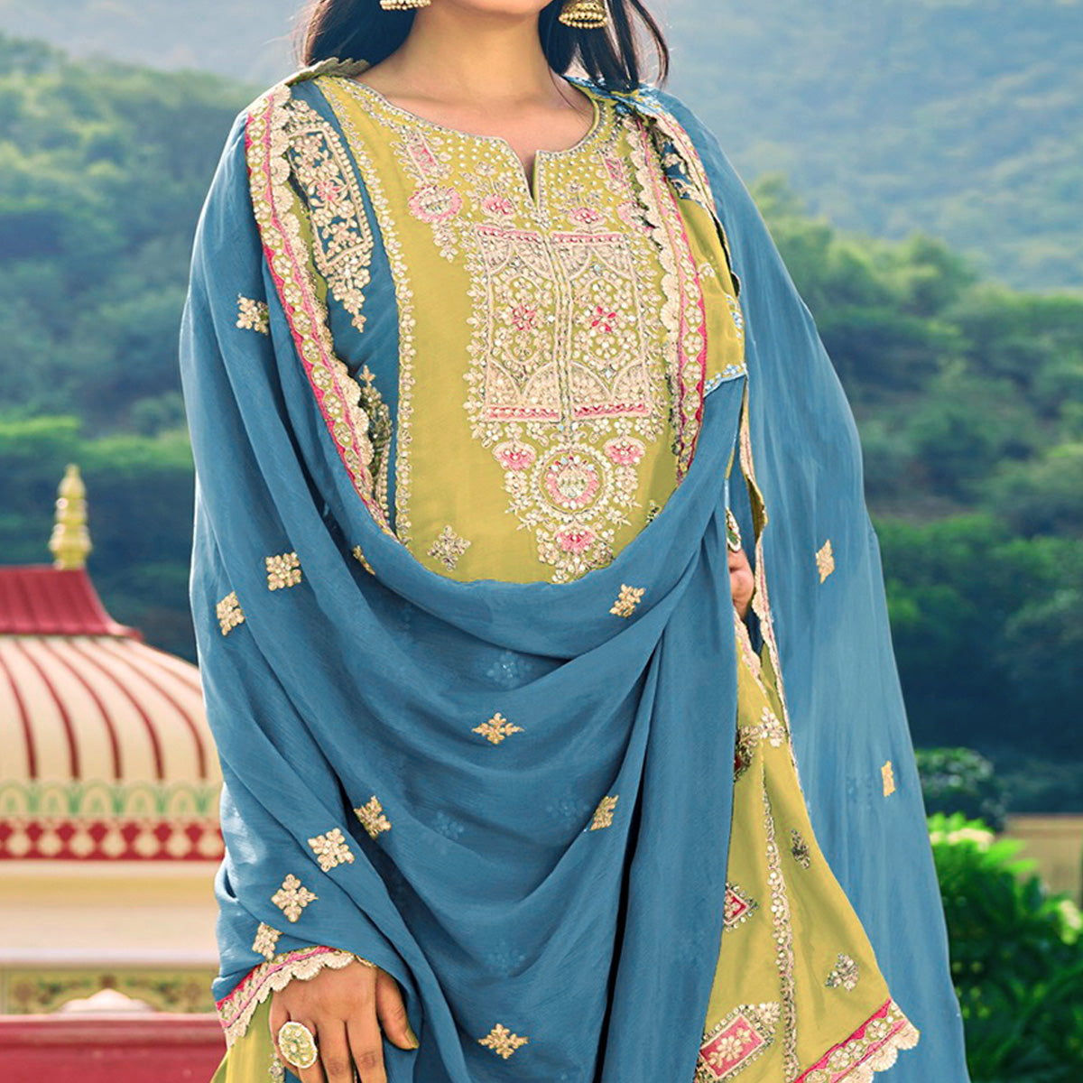 Lemon Yellow Sequins Embroidered Chinon Semi Stitched Salwar Suit