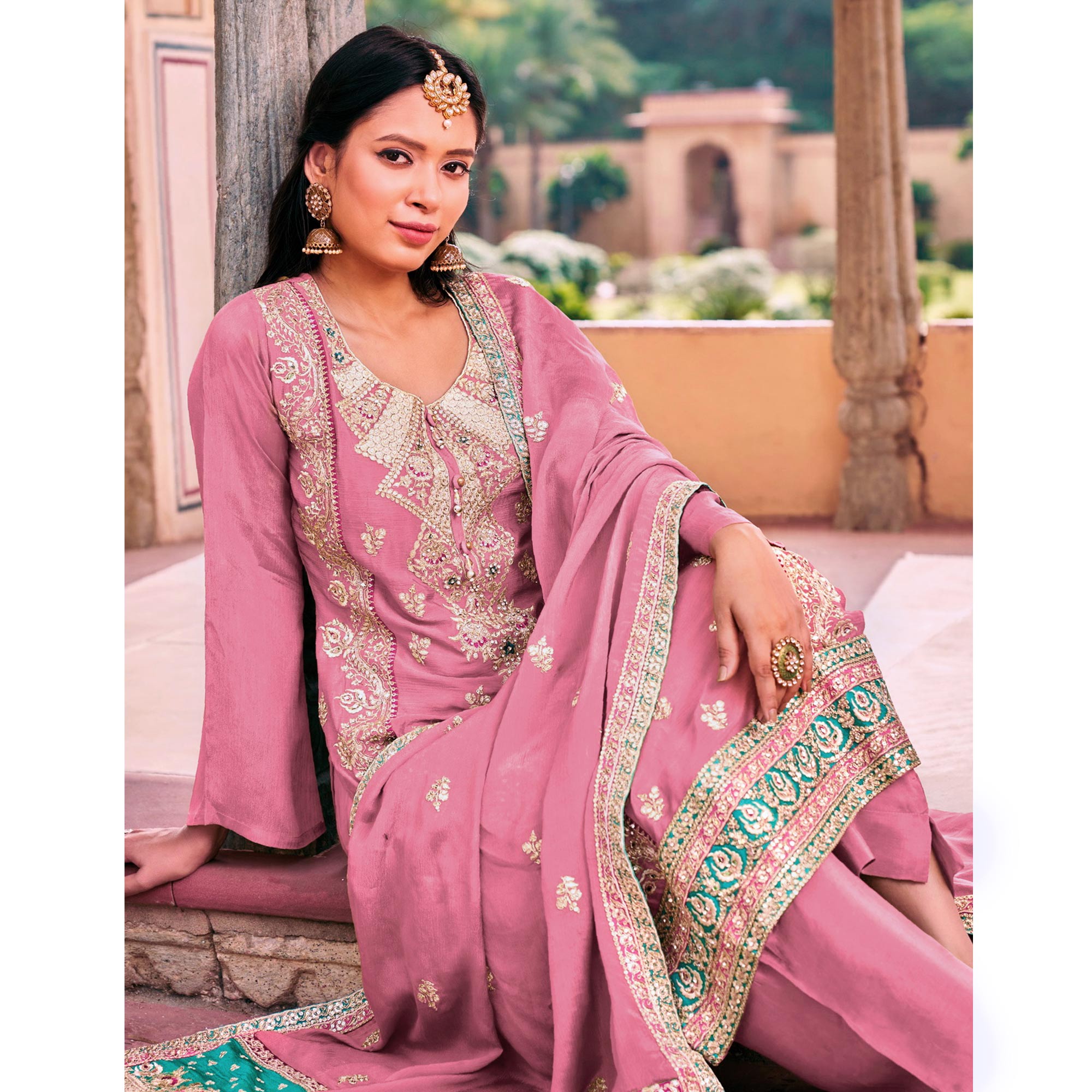 Pink Sequins Embroidered Chinon Semi Stitched Salwar Suit