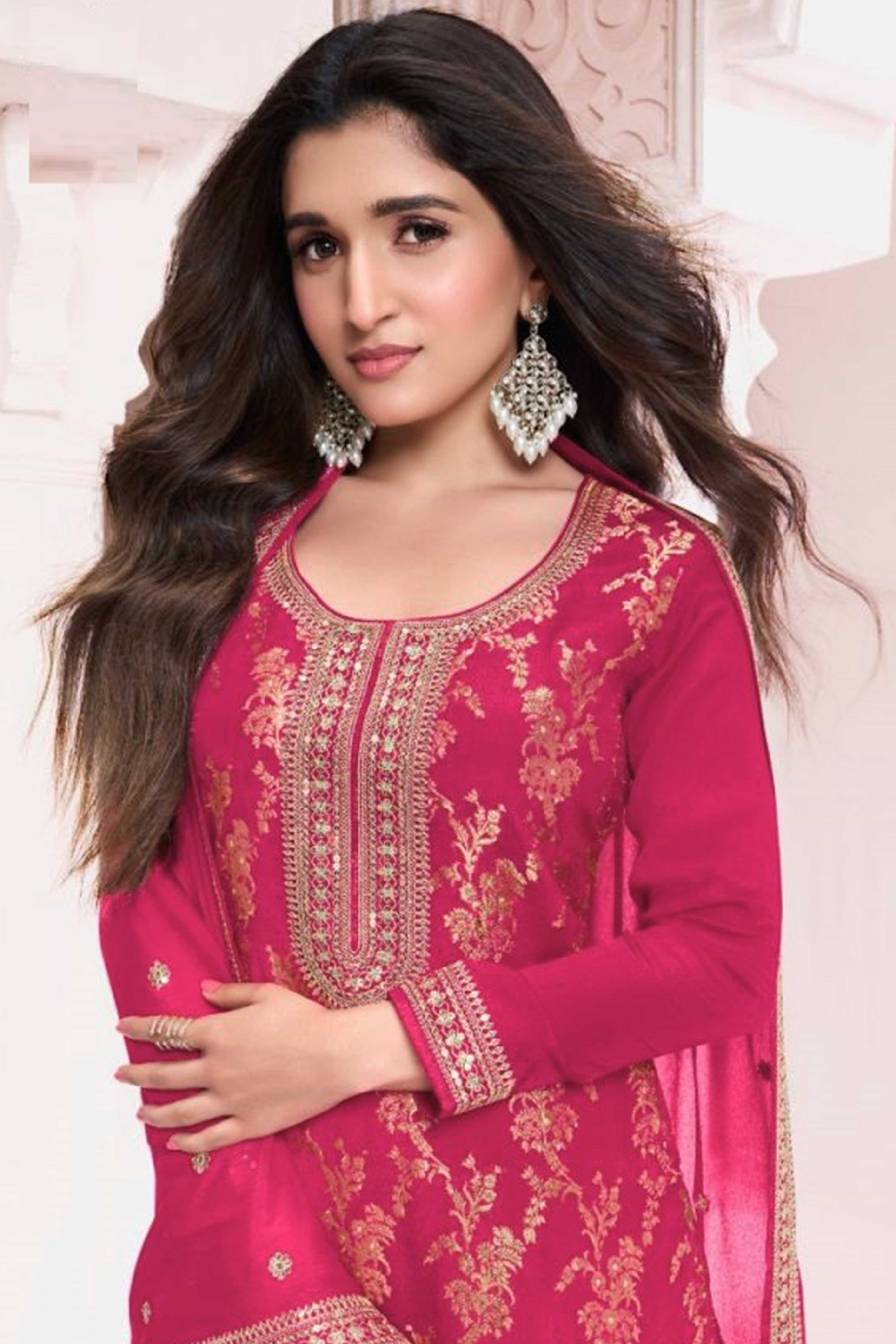Pink Woven With Embroidered Jacquard Viscose Semi Stitched Salwar Suit