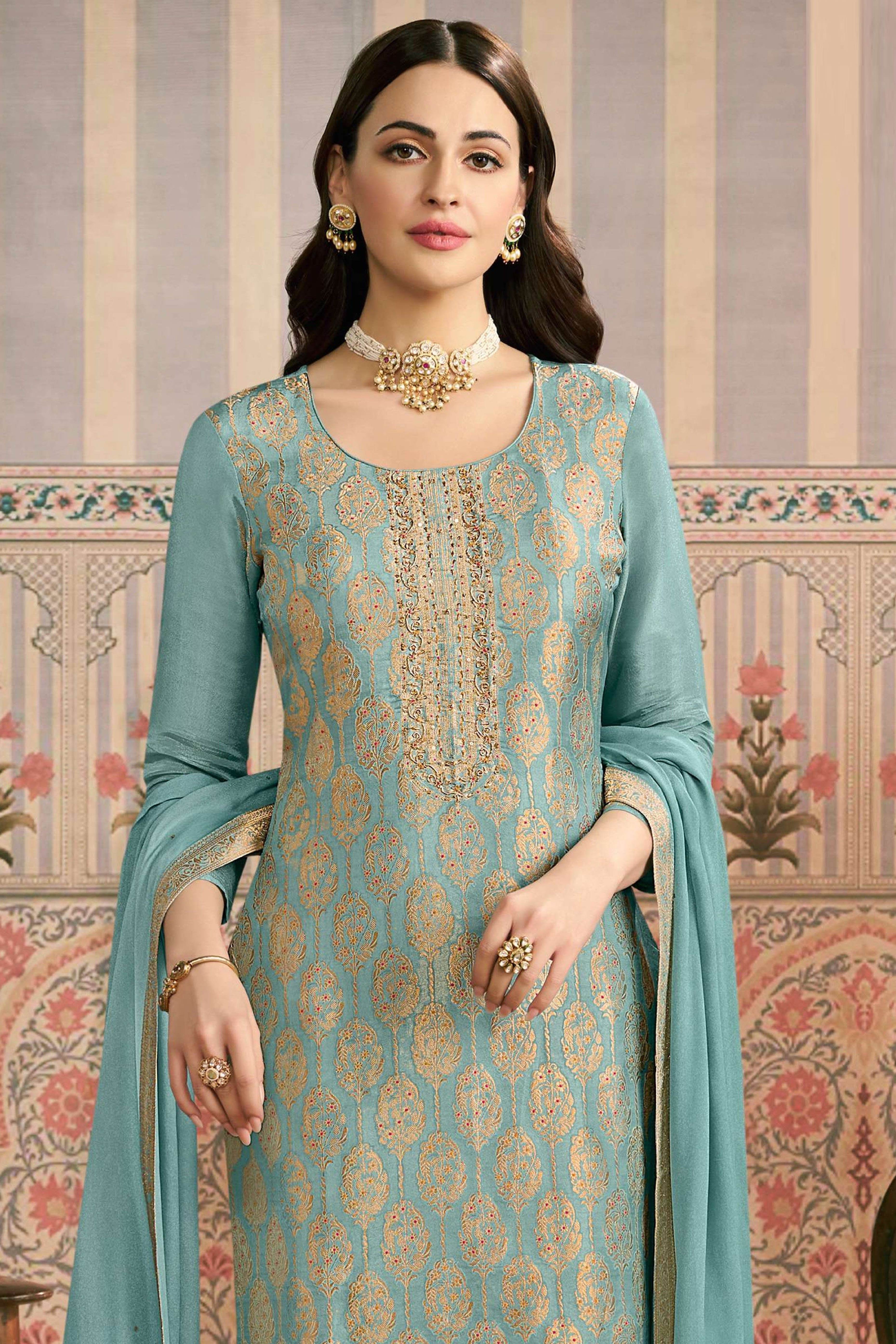 Turquoise Pakistani Embroidered Viscose Semi-Stitched Suit Material with Dupatta